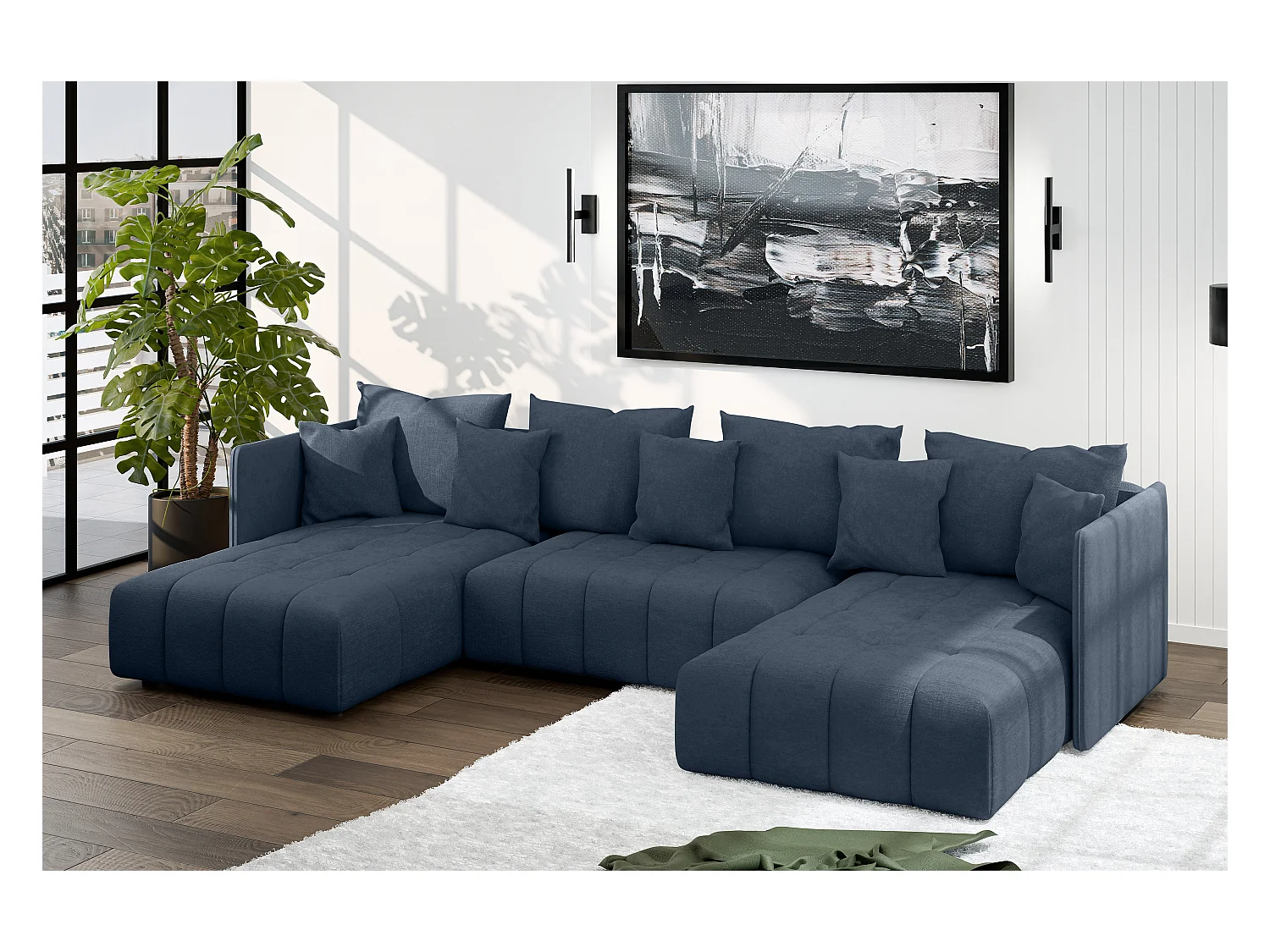 AX LIVING Sofa U Form mit Schlaffunktion Veliro U Blau, 353 cm breit
