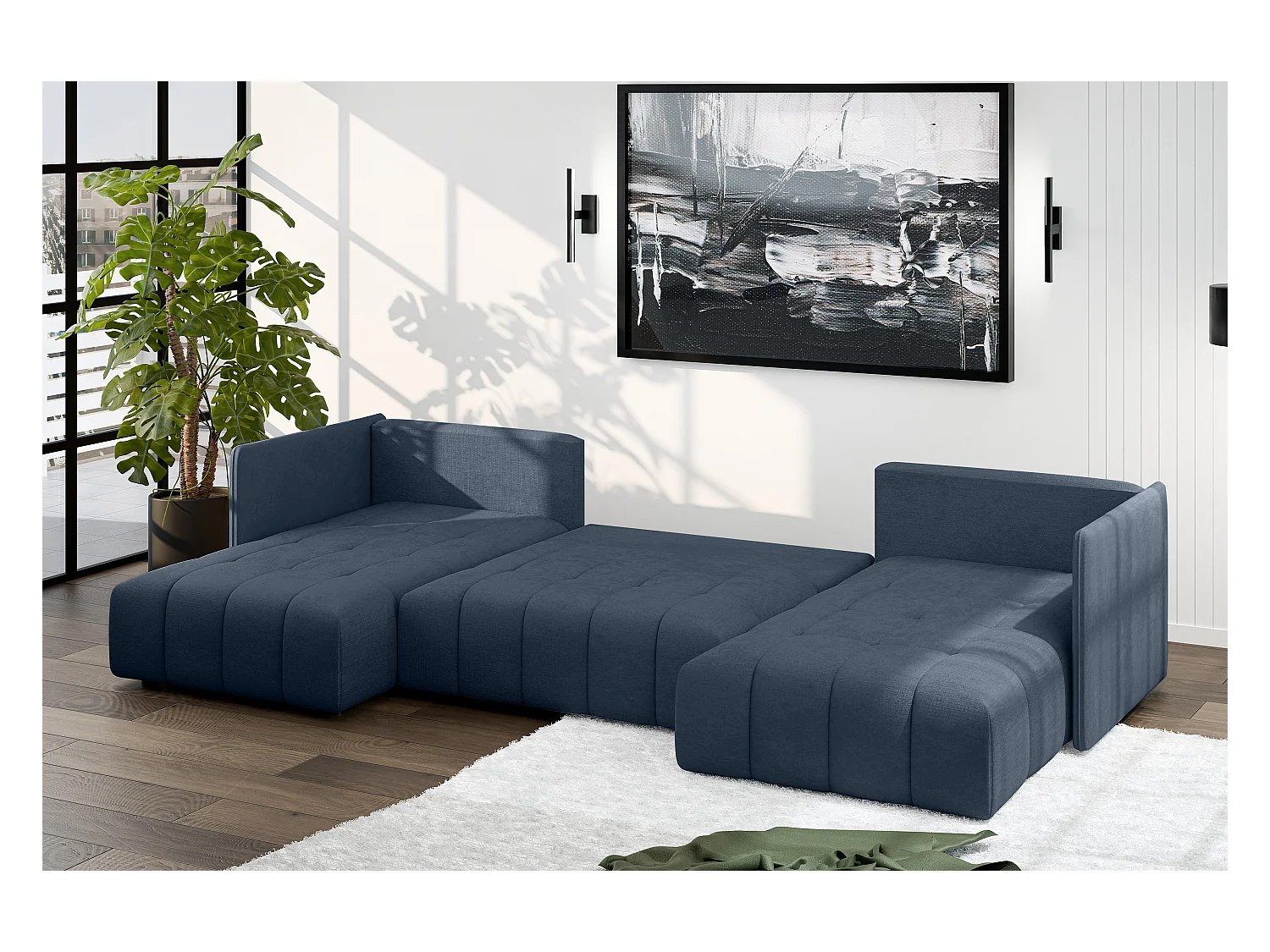 AX LIVING Sofa U Form mit Schlaffunktion Veliro U Blau, 353 cm breit