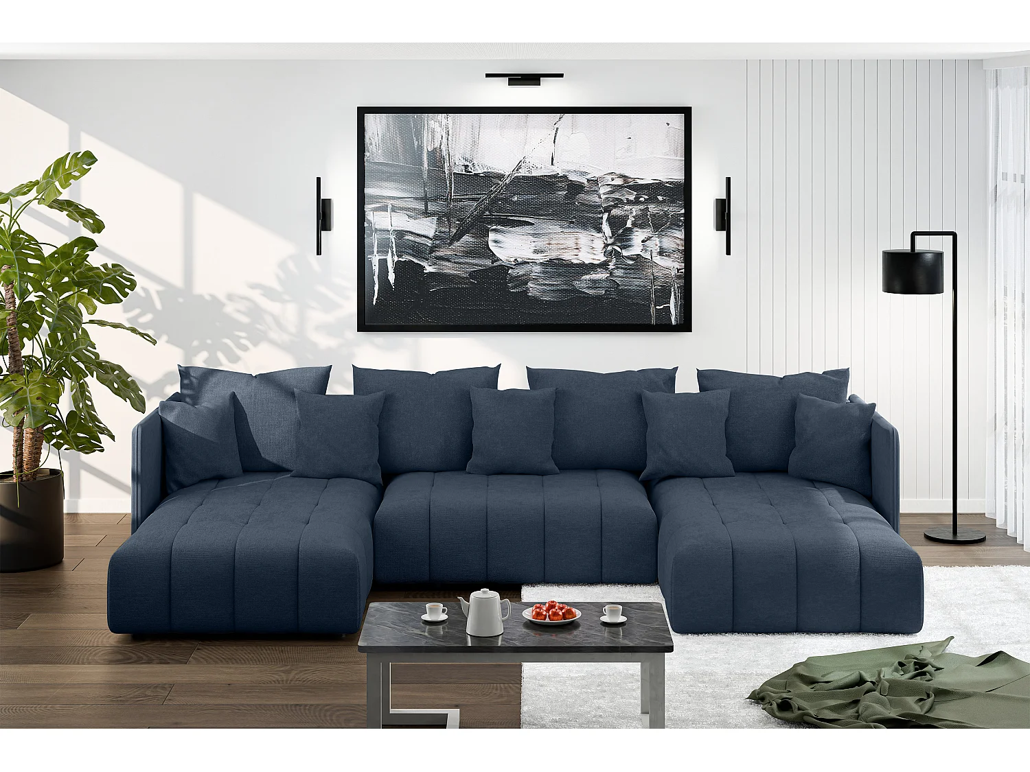 AX LIVING Sofa U Form mit Schlaffunktion Veliro U Blau, 353 cm breit