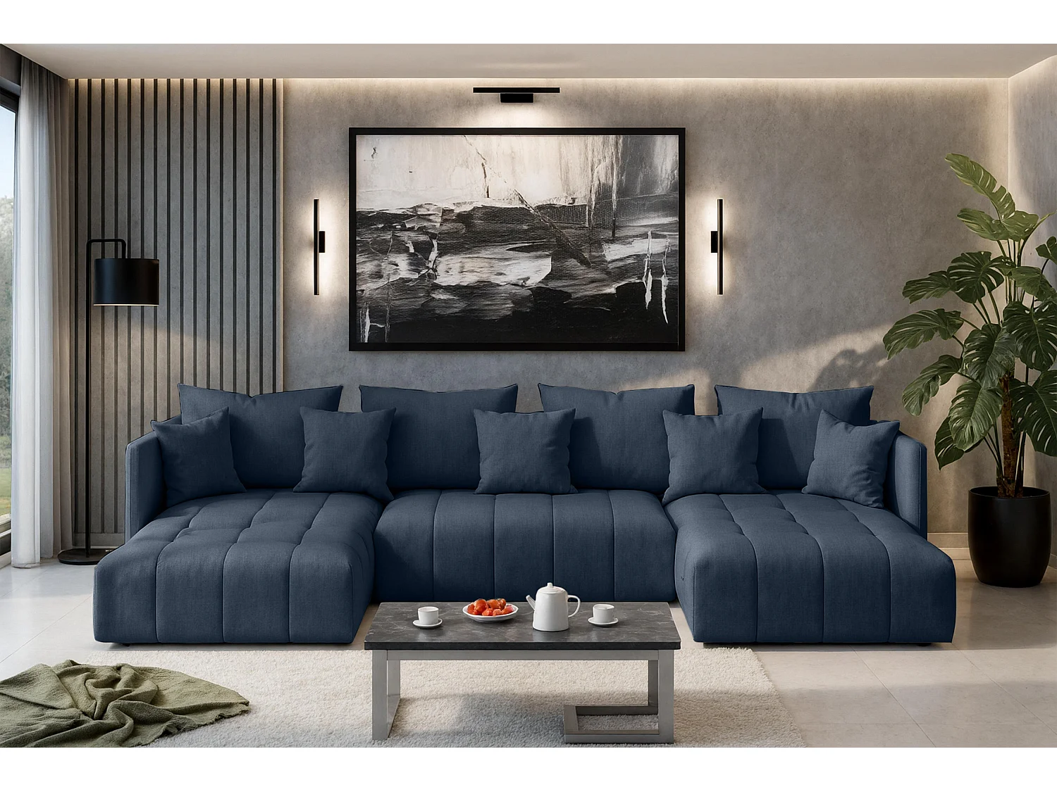 AX LIVING Canapé panoramique convertible Veliro canapé en u bleu 353cm