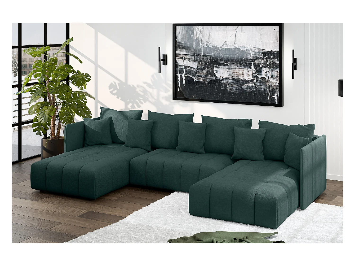 AX LIVING Canapé d'angle vert avec fonction sommeil Veliro U 345 cm