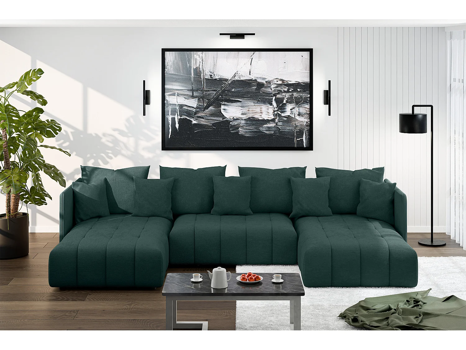 AX LIVING Ecksofa Grün Sofa U Form mit Schlaffunktion Veliro U, 353 cm