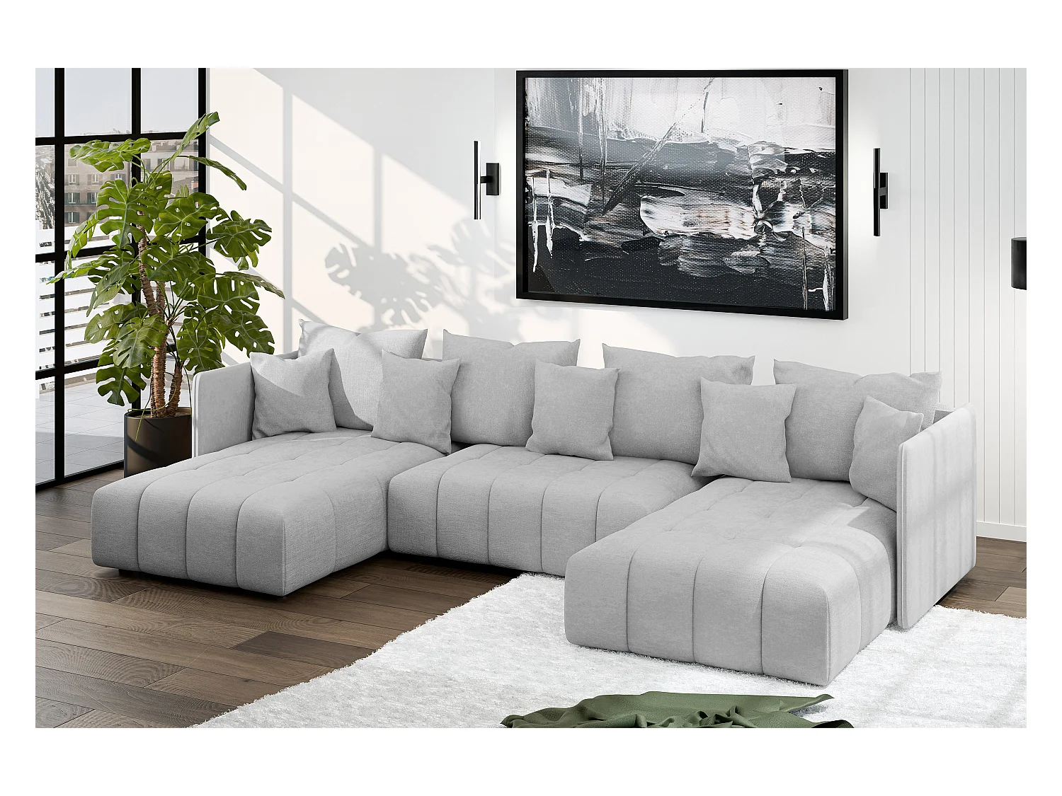 AX LIVING Canapé d'angle U gris clair avec fonction sommeil Veliro 345