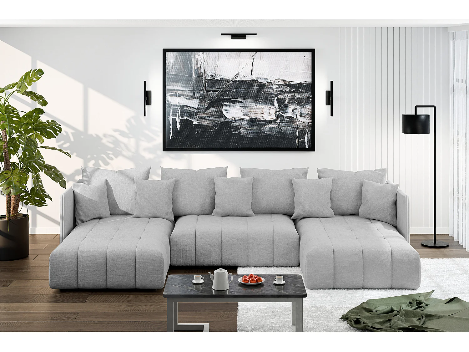 AX LIVING Sofa U Form mit Schlaffunktion Eckcouch hellgrau Veliro 353
