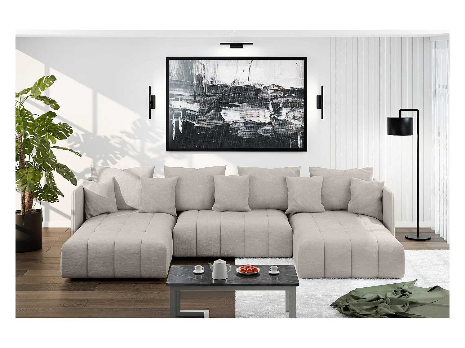 AX LIVING Beige Sofa U Form mit Schlaffunktion Veliro U, 353 cm breit