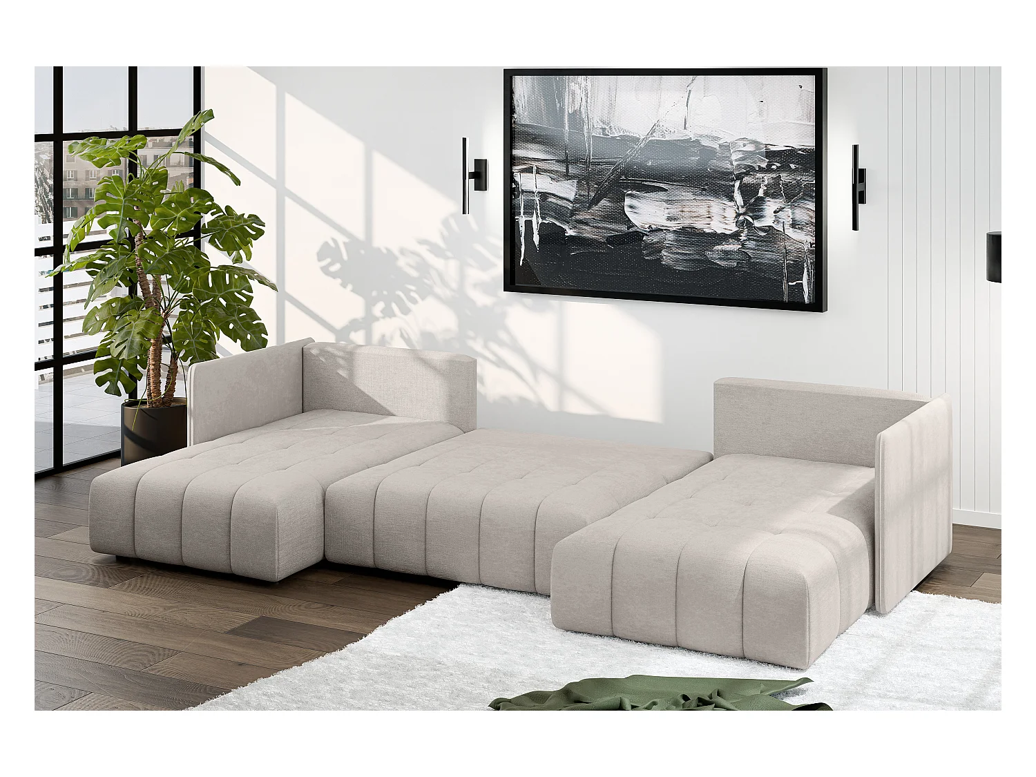 AX LIVING Beige Sofa U Form mit Schlaffunktion Veliro U, 353 cm breit
