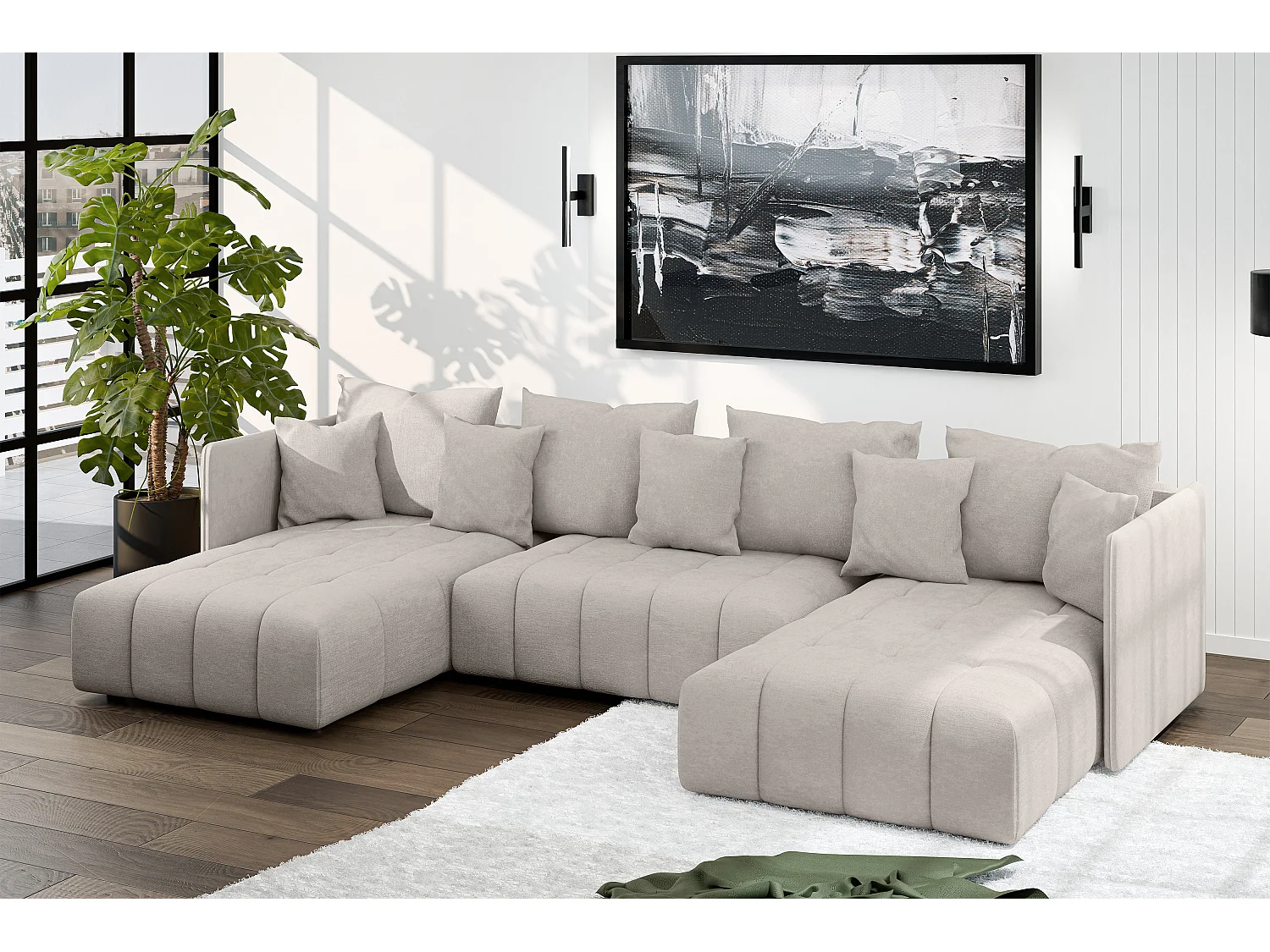 AX LIVING Beige Sofa U Form mit Schlaffunktion Veliro U, 353 cm breit