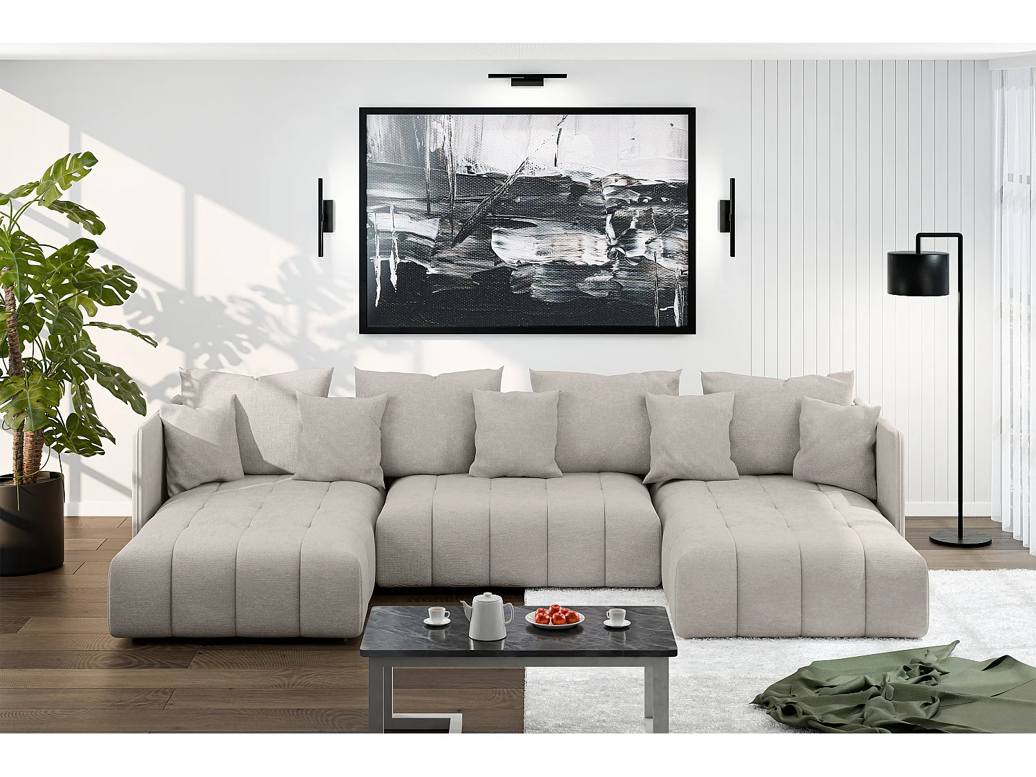 AX LIVING Beige Sofa U Form mit Schlaffunktion Veliro U, 353 cm breit