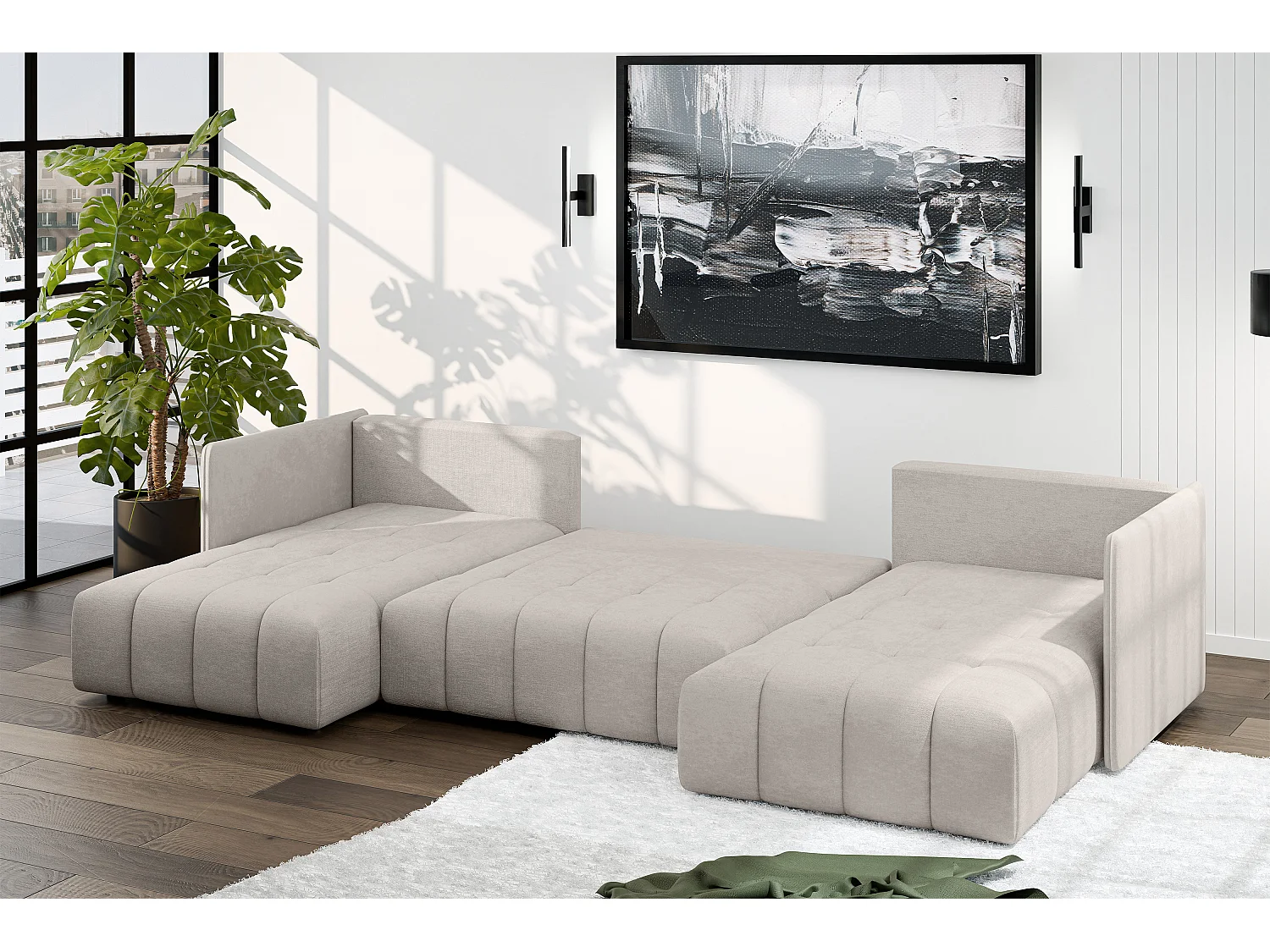 AX LIVING Beige Sofa U Form mit Schlaffunktion Veliro U, 353 cm breit