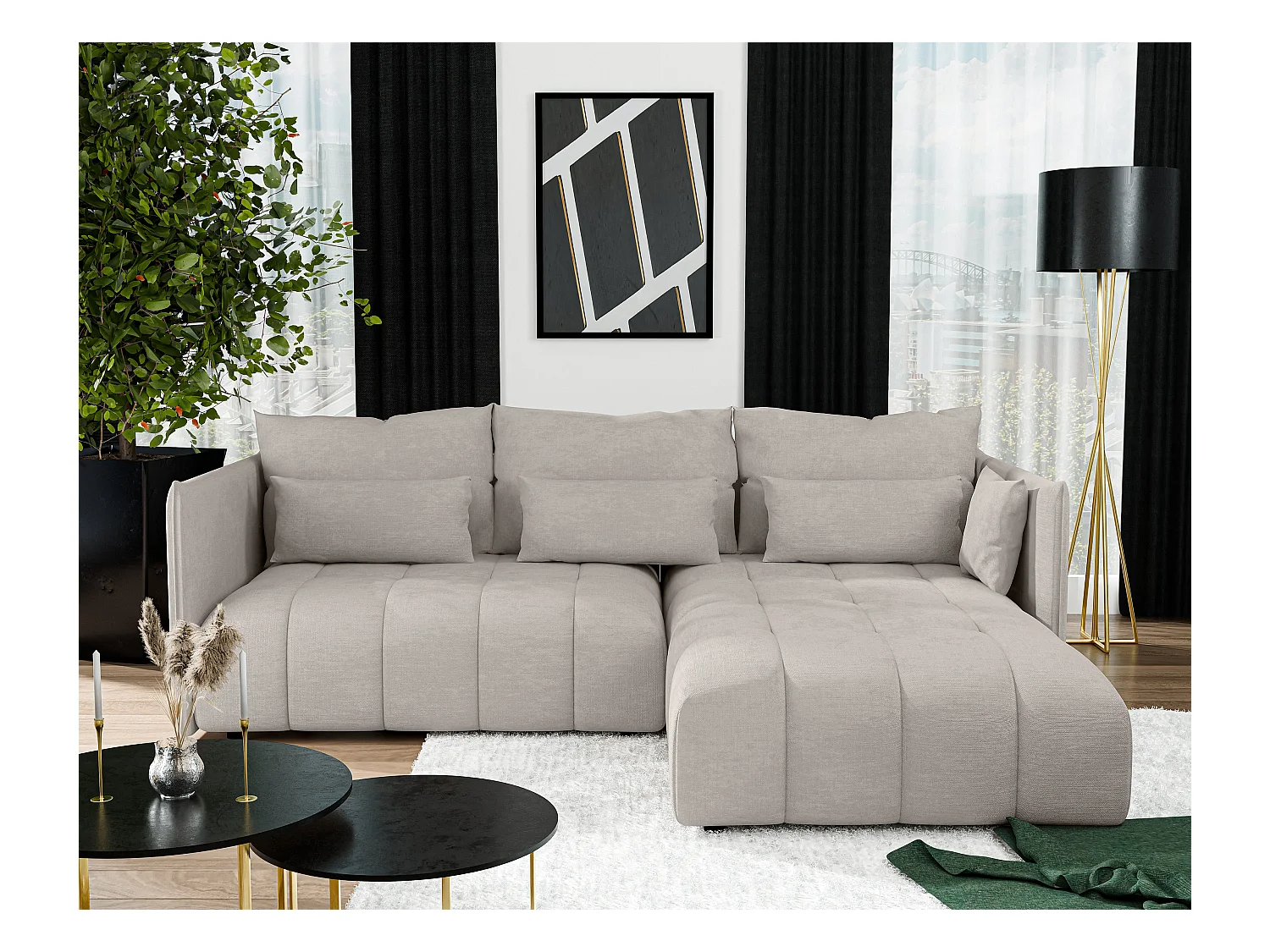 AX LIVING Beige Ecksofa mit Schlaffunktion und Bettkasten Cosmova 245