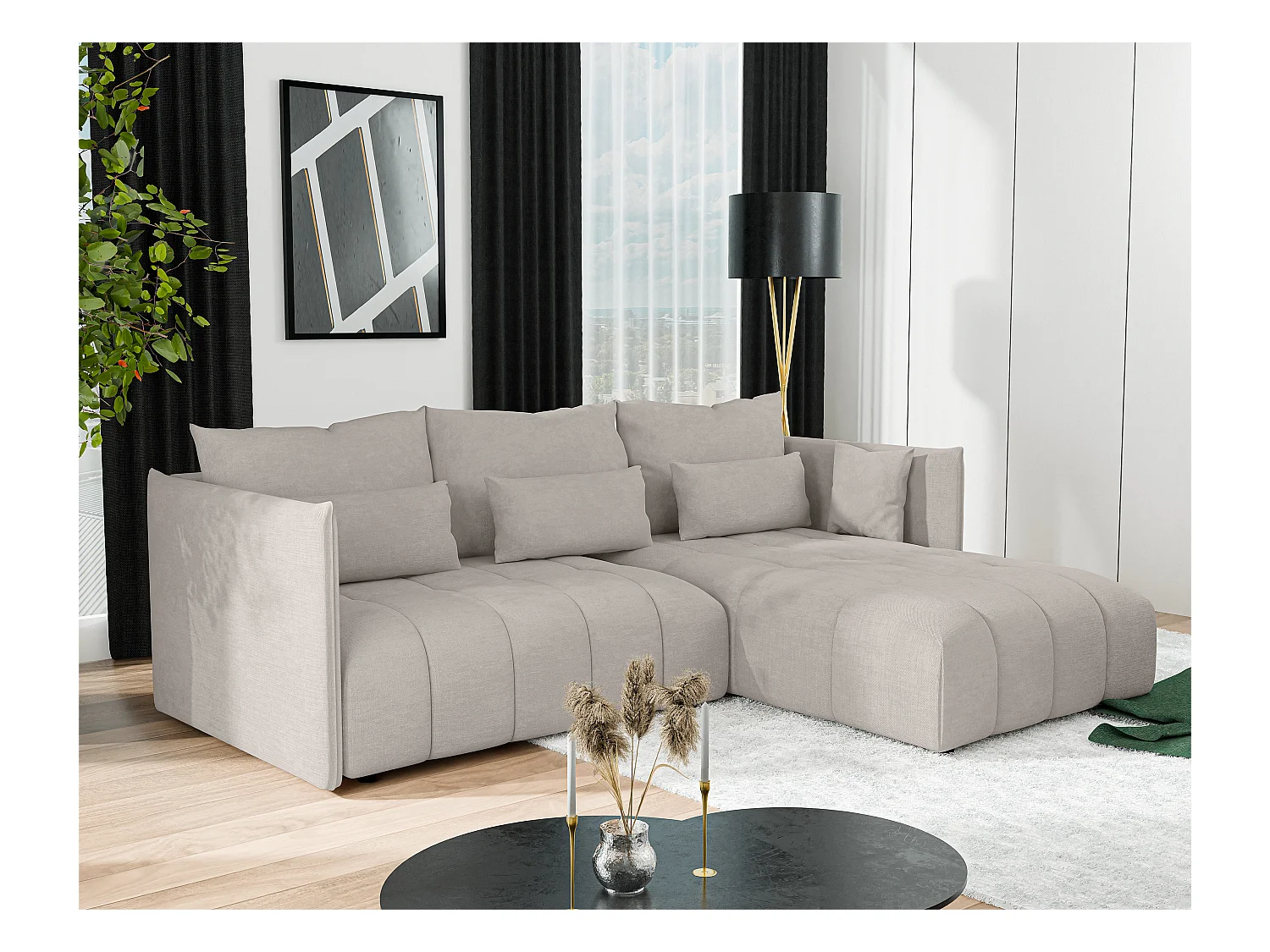 AX LIVING Canapé d'angle beige avec fonction couchage Cosmova 245 cm