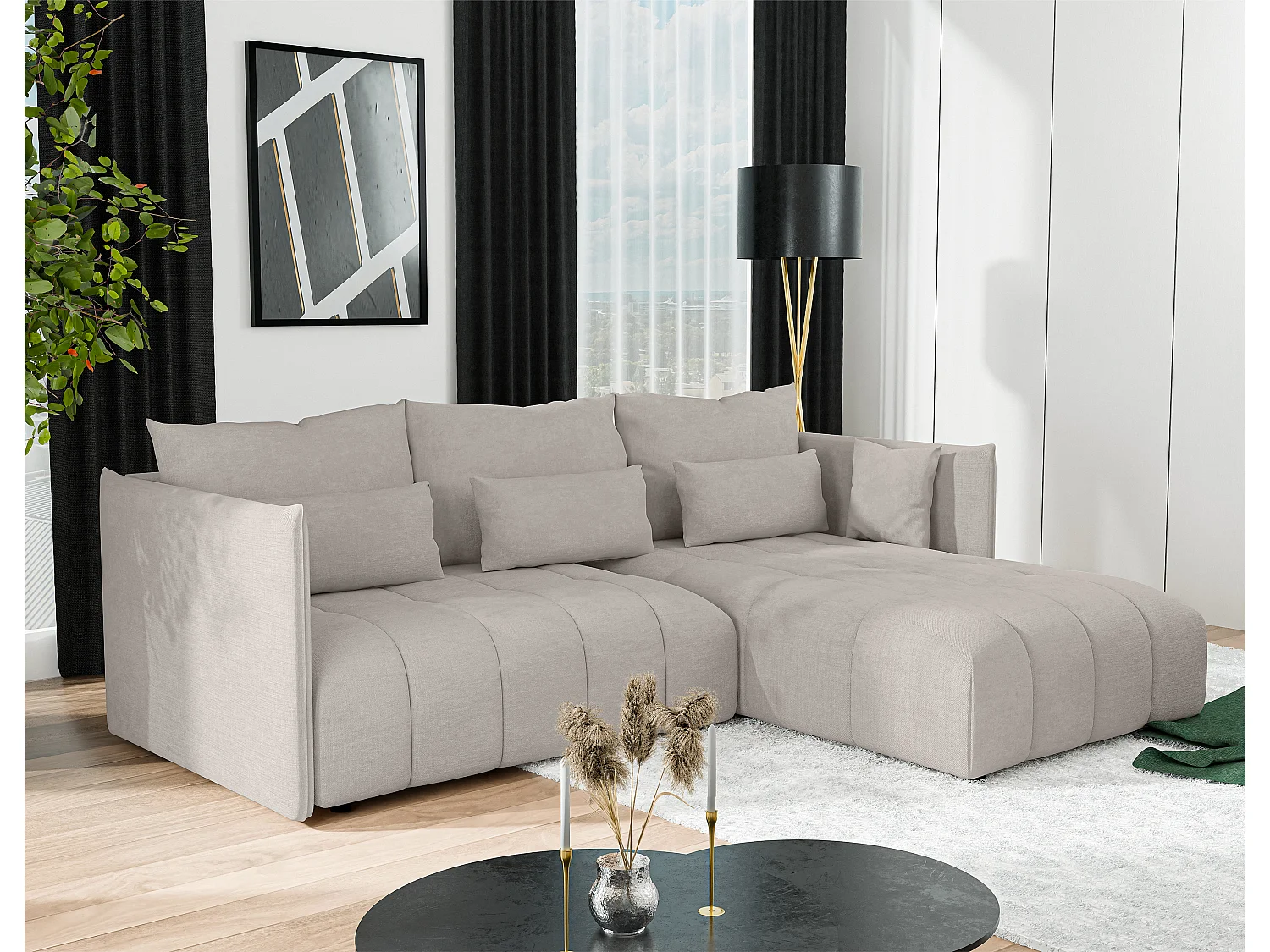 AX LIVING Beige Ecksofa mit Schlaffunktion und Bettkasten Cosmova 245
