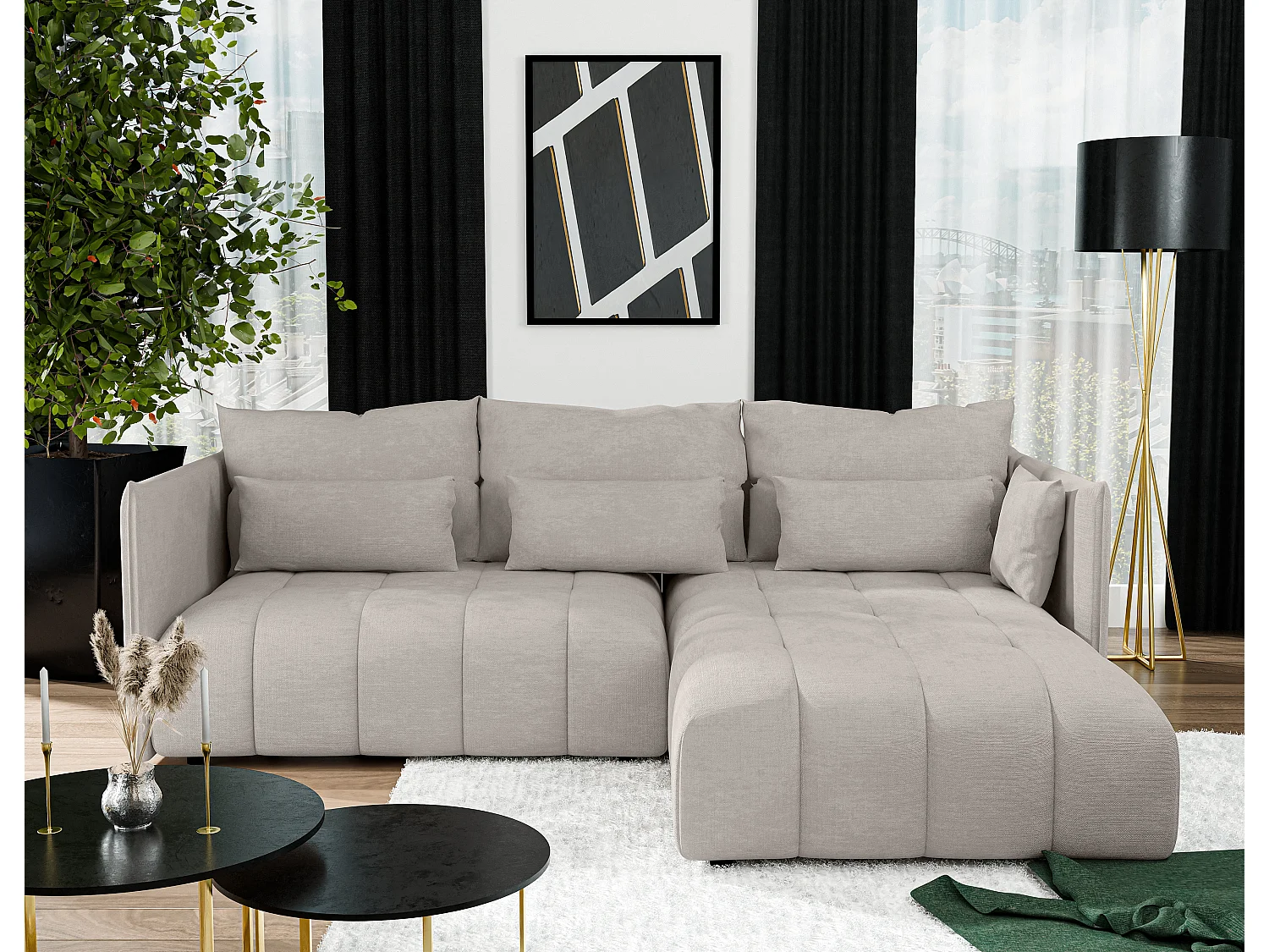 AX LIVING Beige Ecksofa mit Schlaffunktion und Bettkasten Cosmova 245