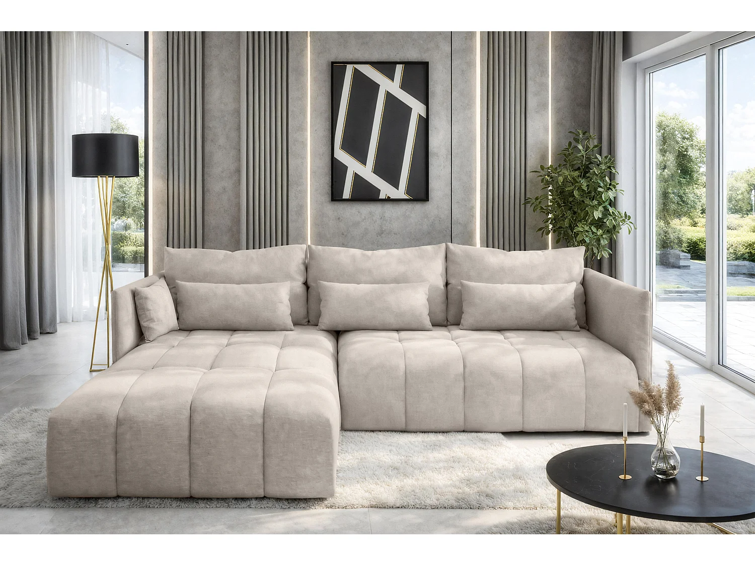 AX LIVING Canapé d'angle beige avec fonction couchage Cosmova 245 cm