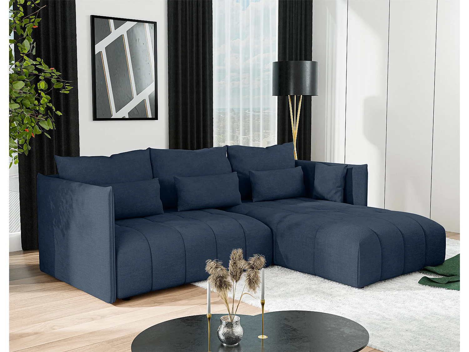 AX LIVING 4 zits hoekbank Cosmova 245 cm – blauw met bedfunctie