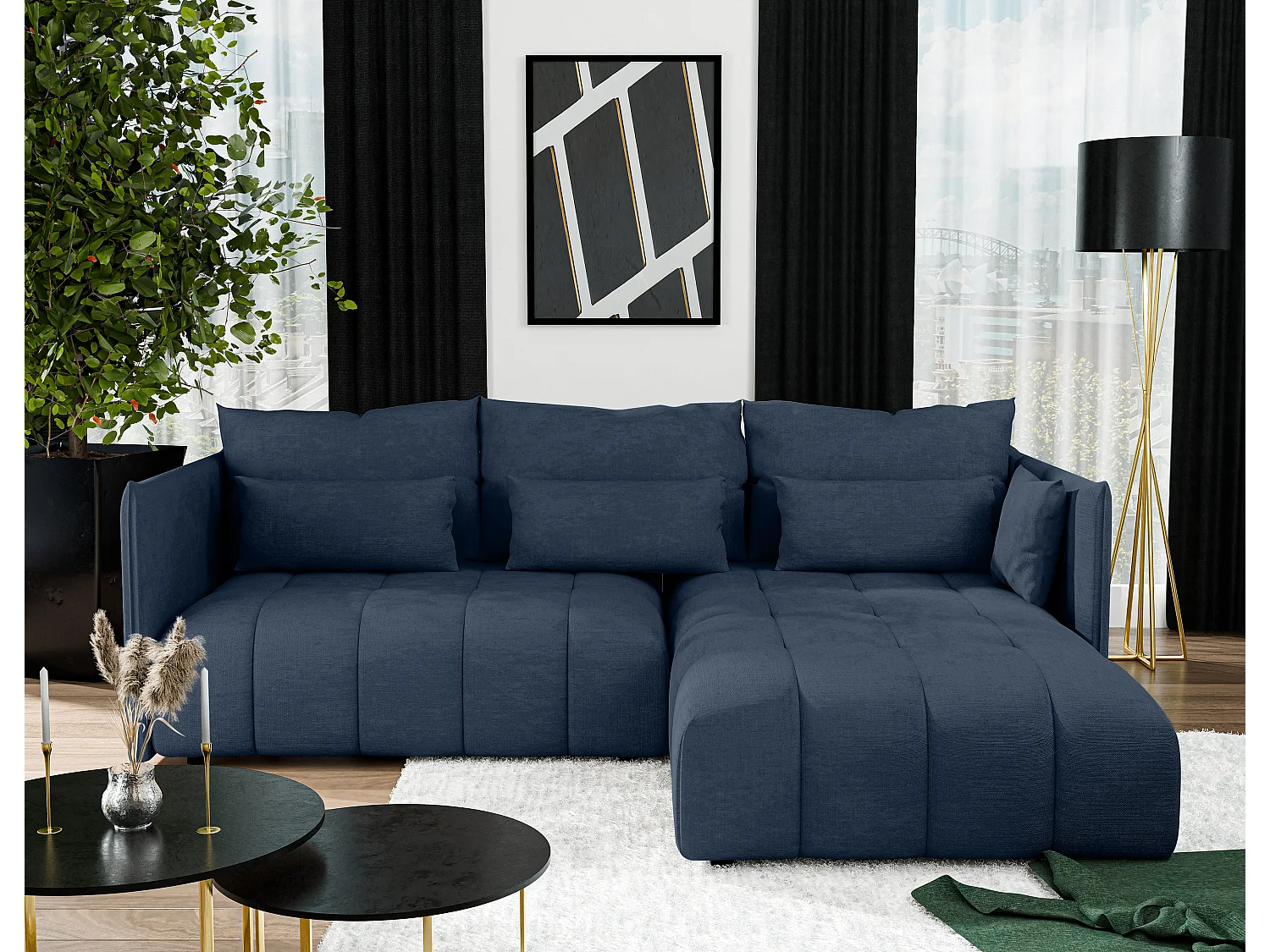 AX LIVING 4 zits hoekbank Cosmova 245 cm – blauw met bedfunctie