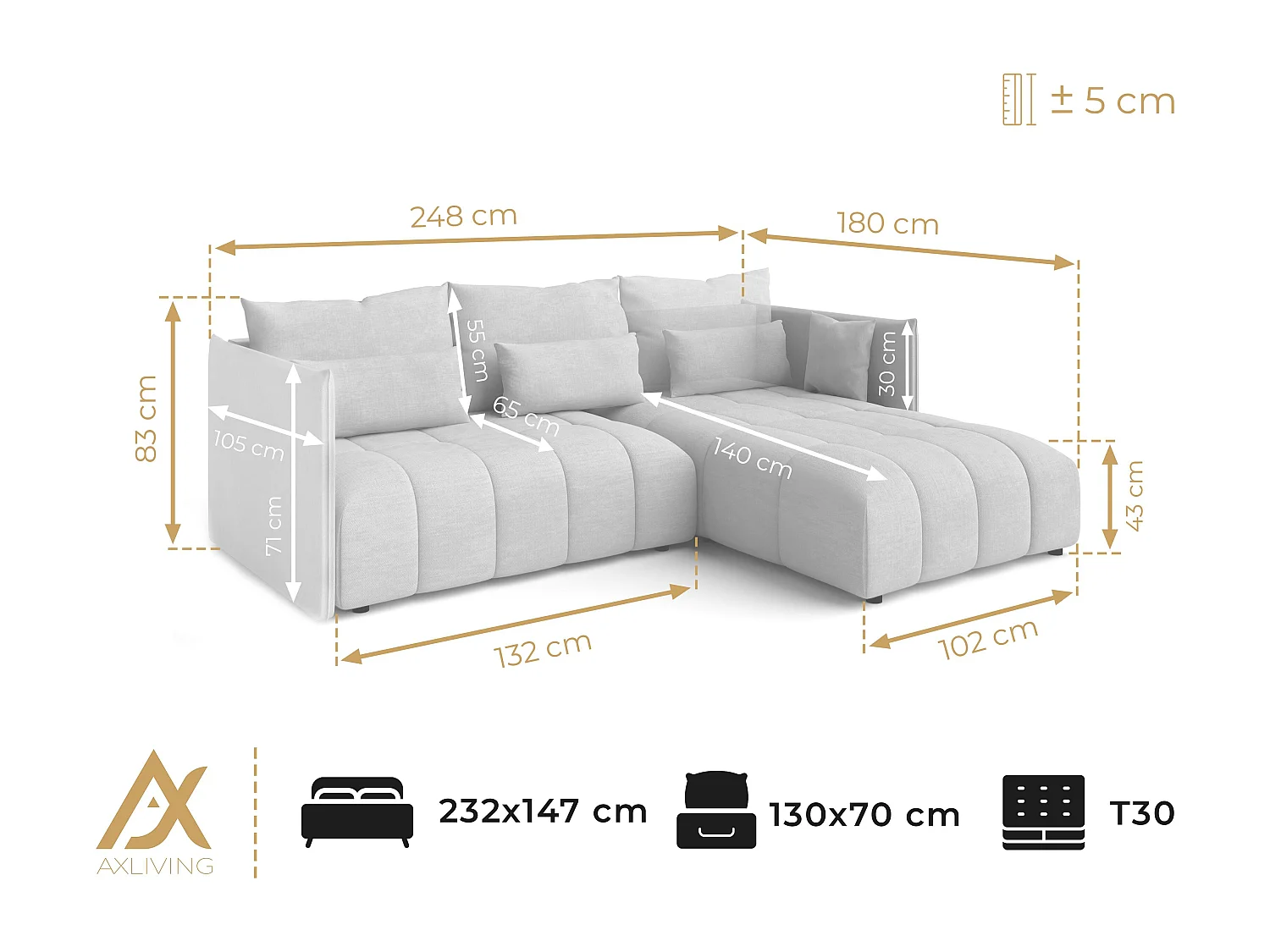 AX LIVING Canapé d'angle gris clair avec fonction couchage Cosmova