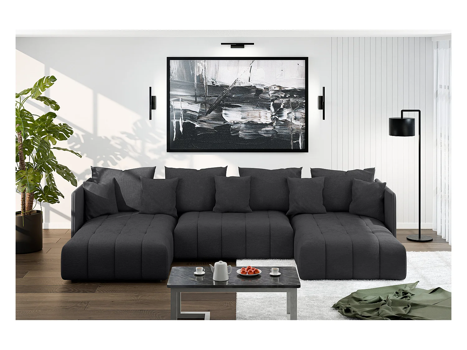 AX LIVING Dunkelgrau Sofa U Form mit Schlaffunktion Veliro U, 353 cm