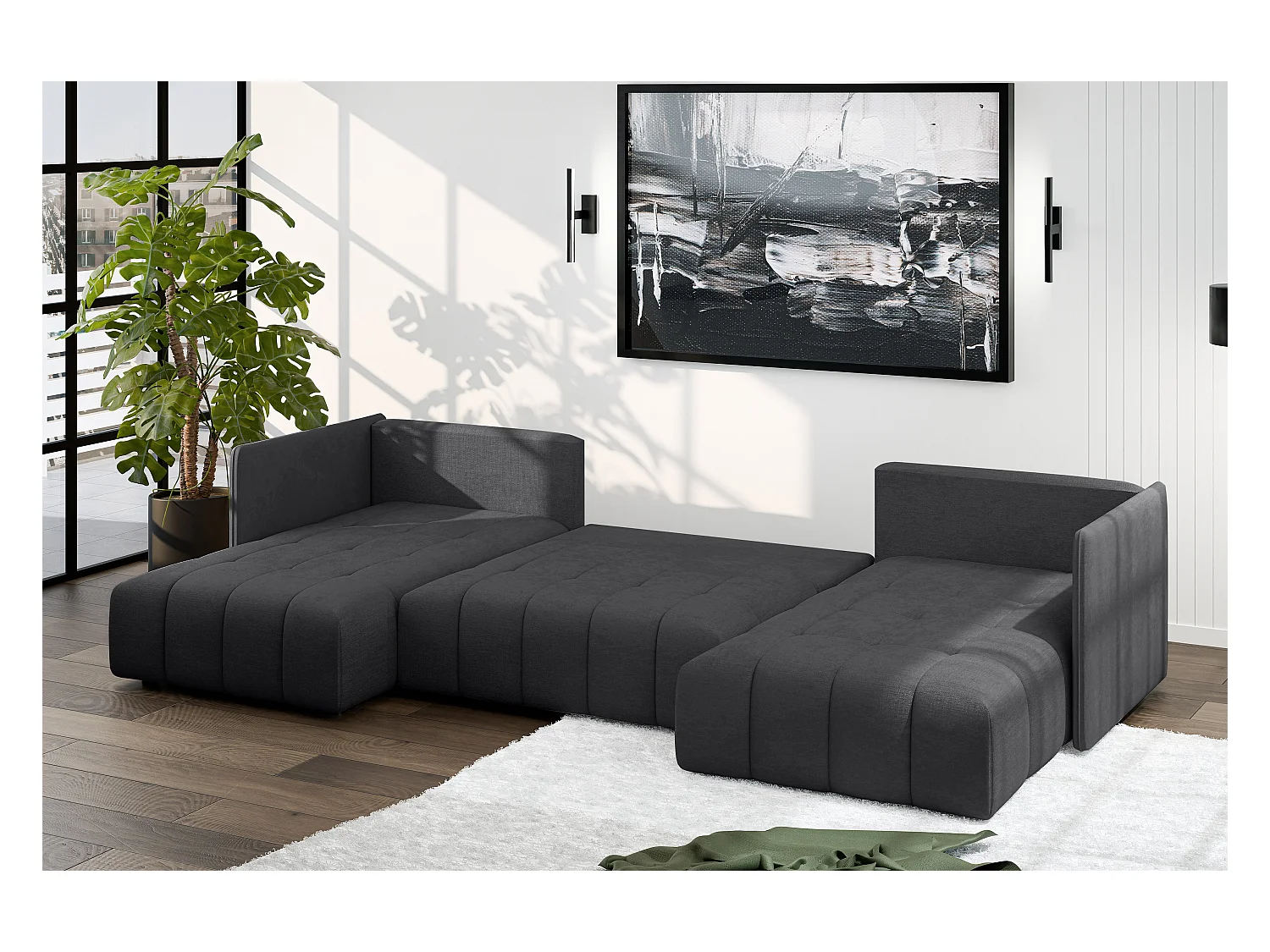AX LIVING Dunkelgrau Sofa U Form mit Schlaffunktion Veliro U, 353 cm