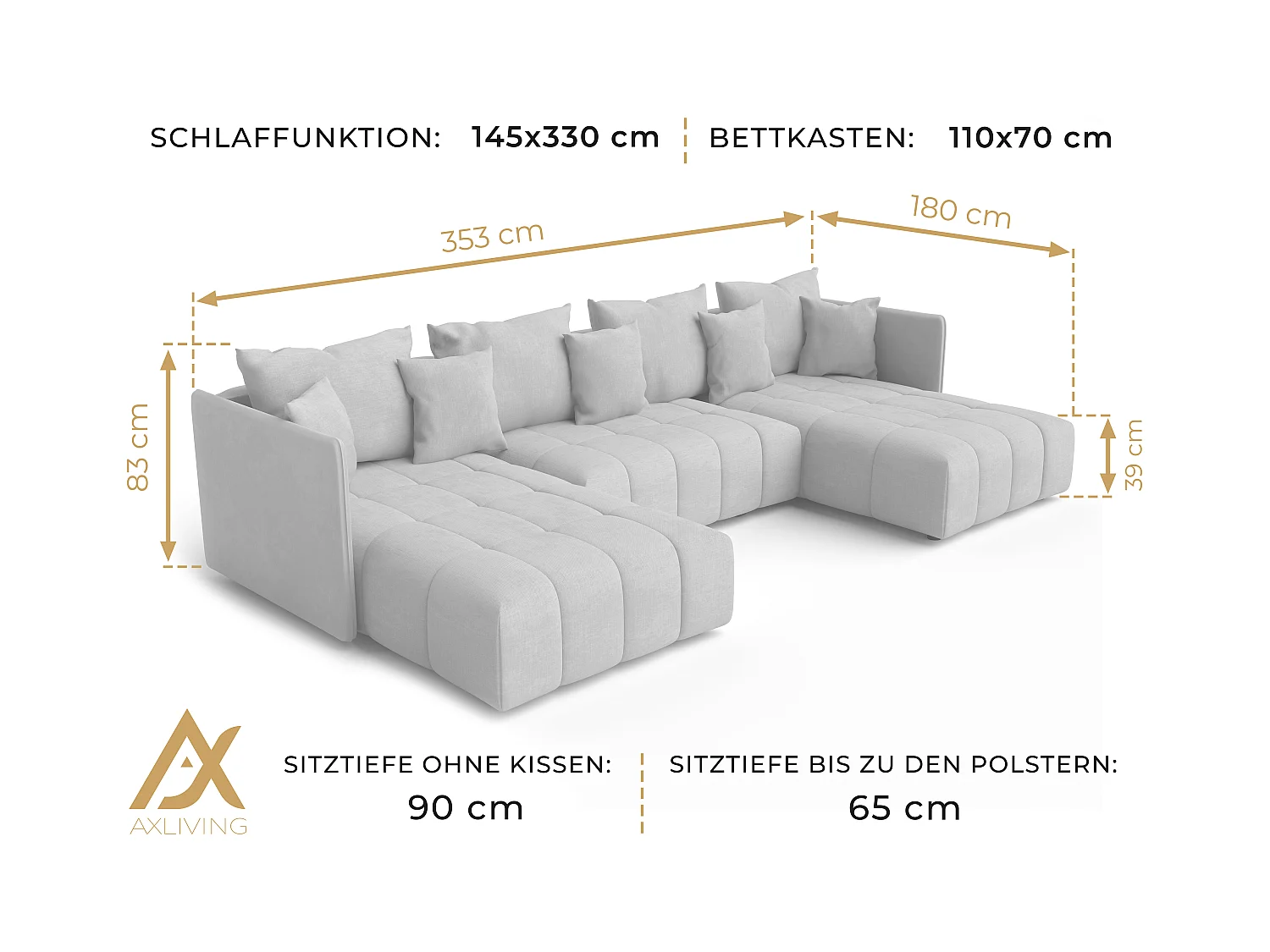 AX LIVING Dunkelgrau Sofa U Form mit Schlaffunktion Veliro U, 353 cm