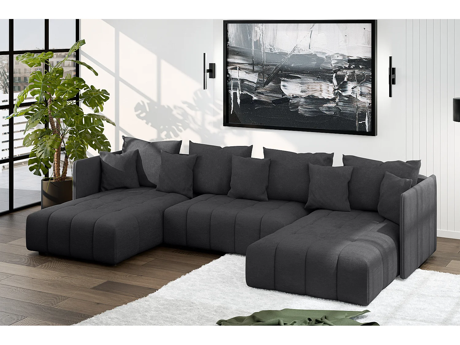 AX LIVING Dunkelgrau Sofa U Form mit Schlaffunktion Veliro U, 353 cm