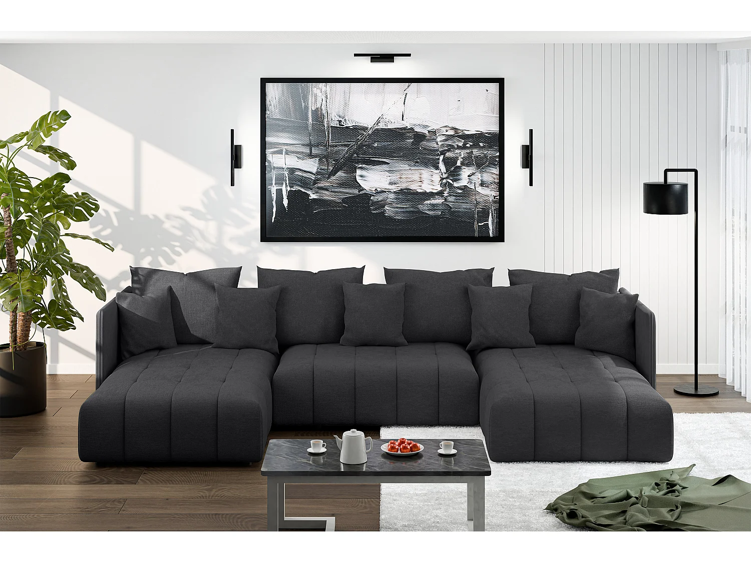 AX LIVING Dunkelgrau Sofa U Form mit Schlaffunktion Veliro U, 353 cm