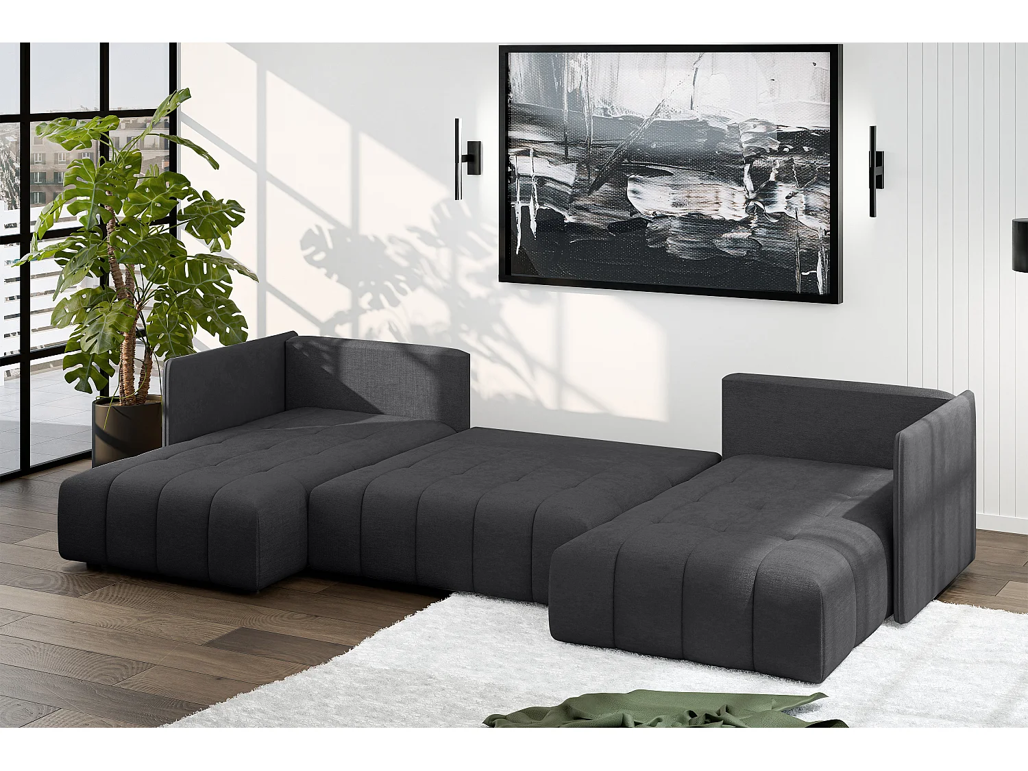 AX LIVING Dunkelgrau Sofa U Form mit Schlaffunktion Veliro U, 353 cm
