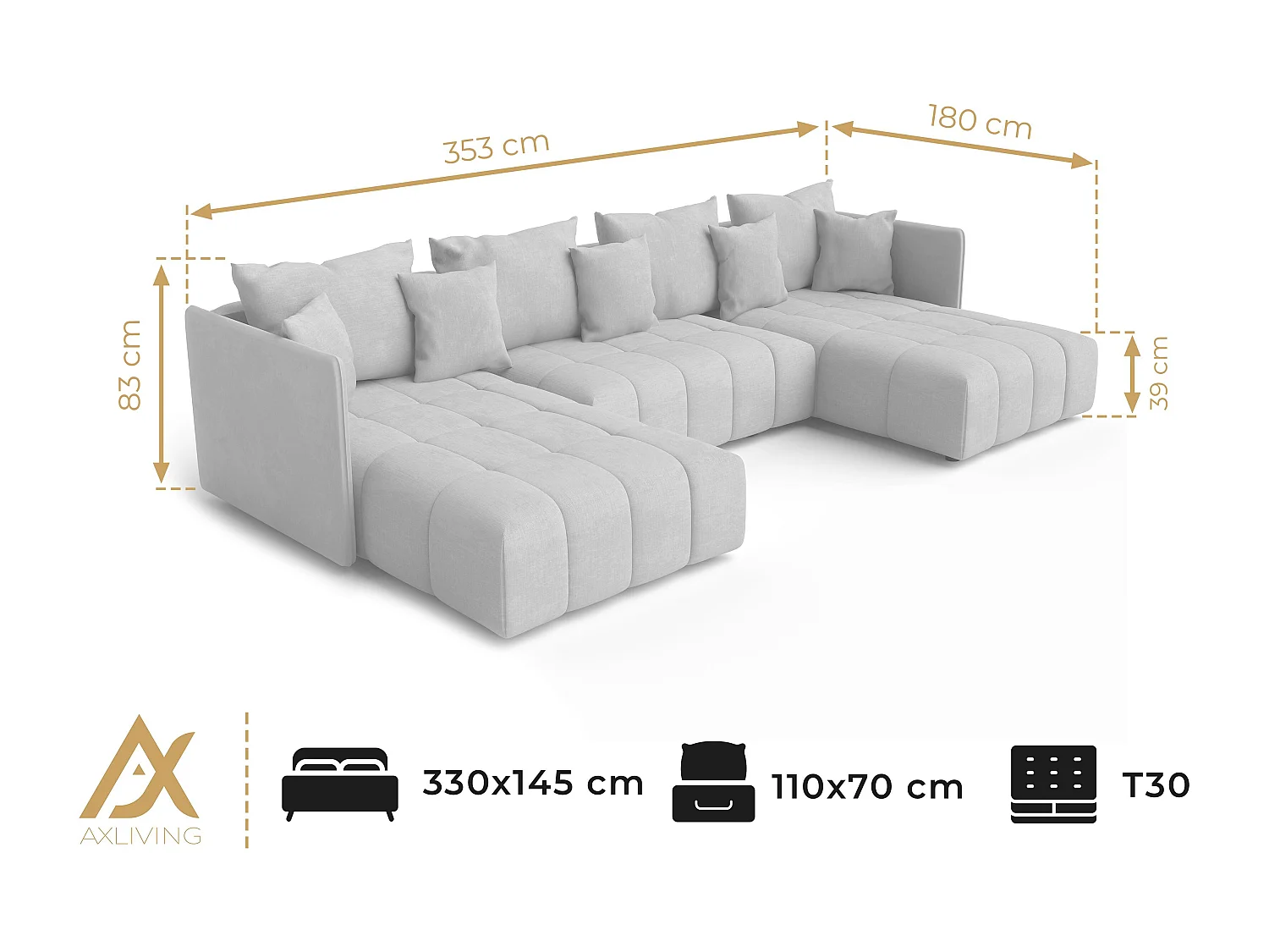 AX LIVING Canapé gris foncé U avec fonction sommeil Veliro U 345 cm