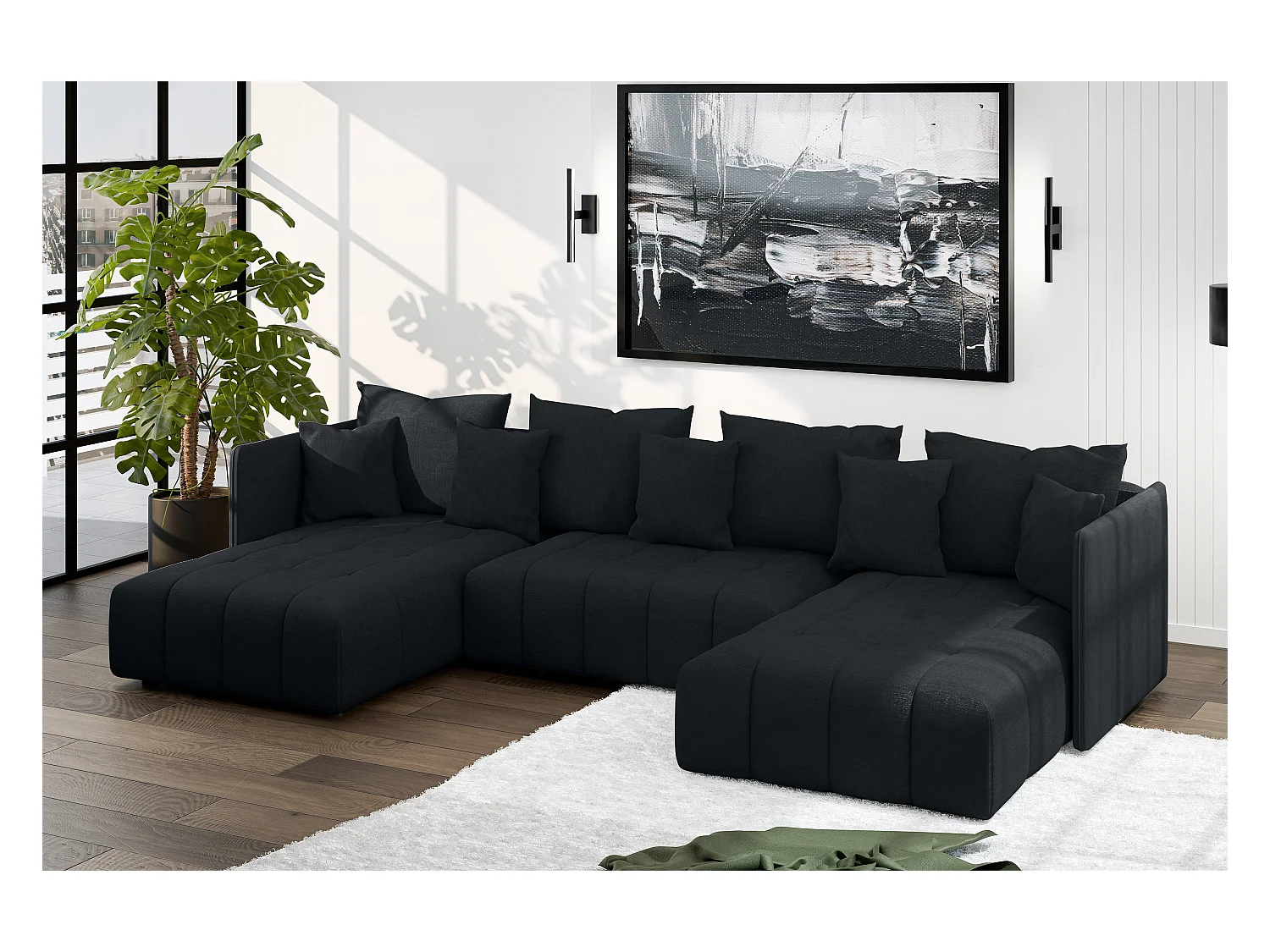 AX LIVING Canapé panoramique convertible Veliro canapé en u noir 353cm