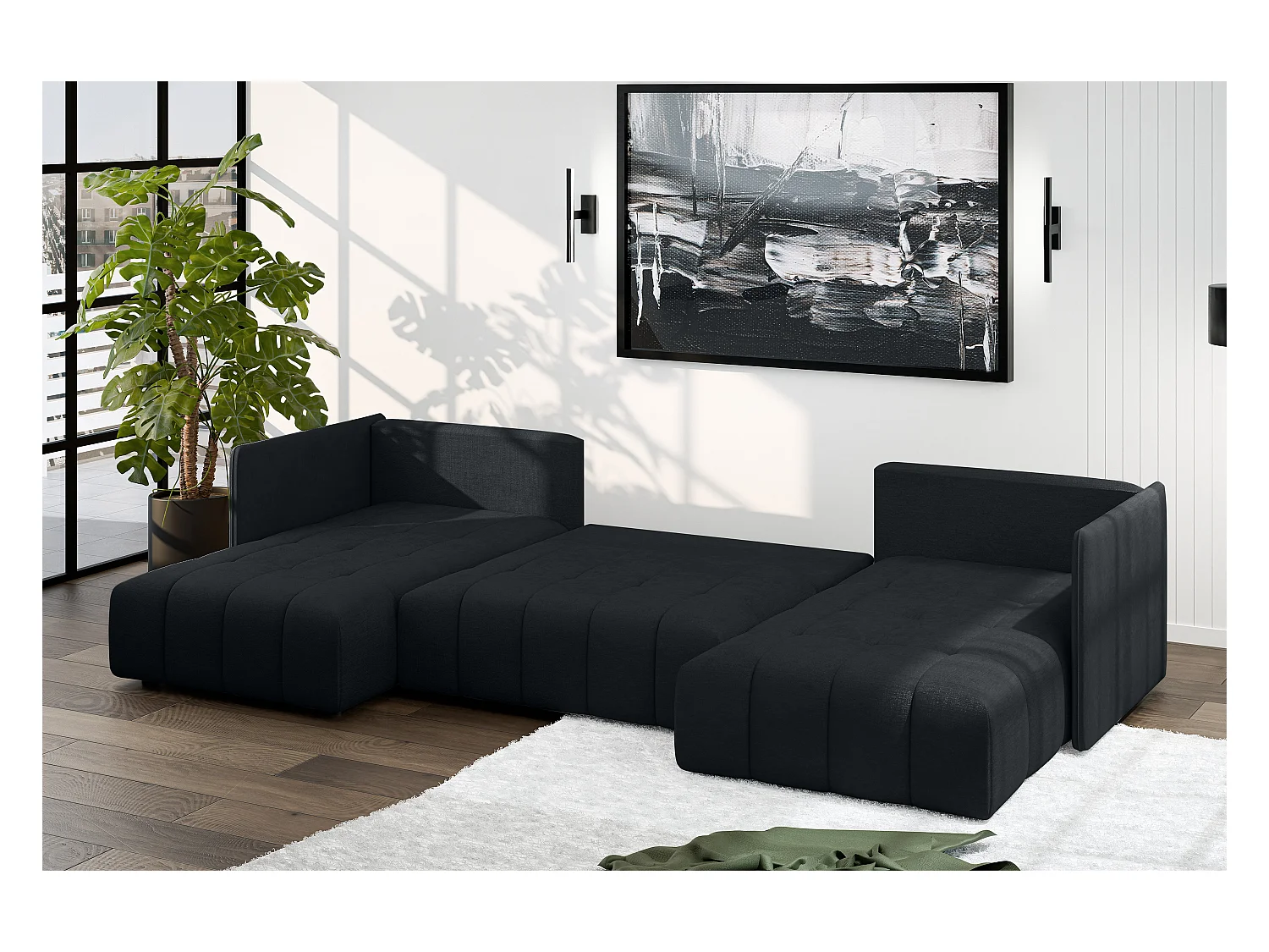 AX LIVING Schwarz Sofa U Form mit Schlaffunktion Veliro U 353 cm breit