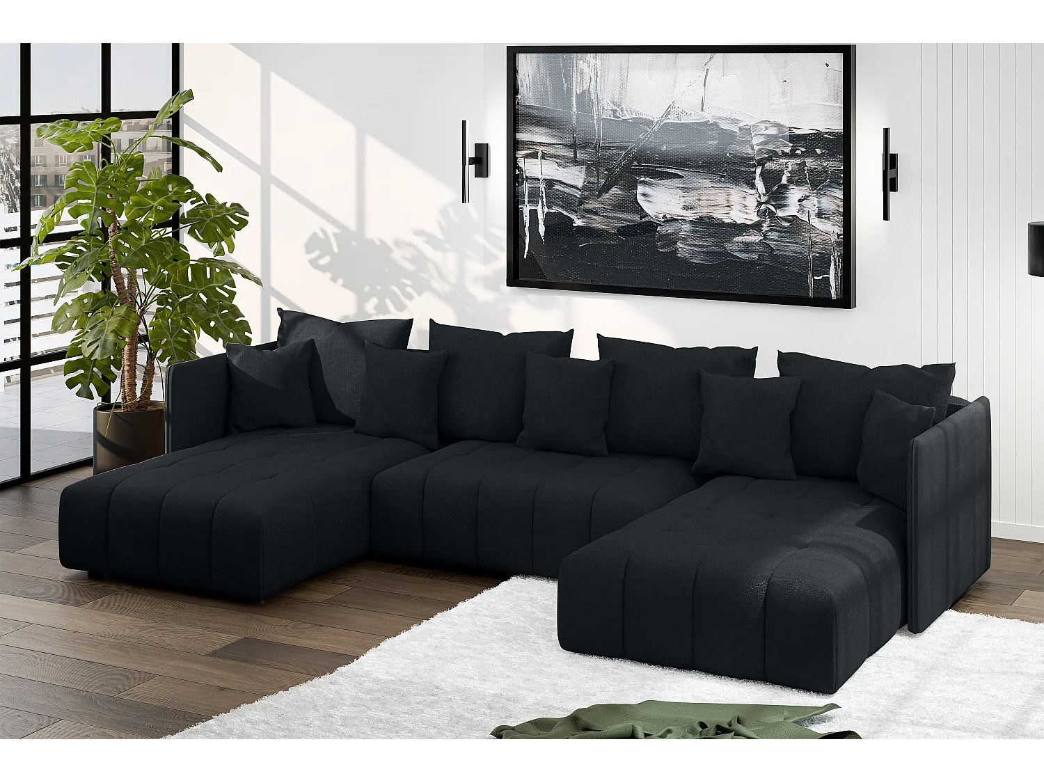 AX LIVING Schwarz Sofa U Form mit Schlaffunktion Veliro U 353 cm breit