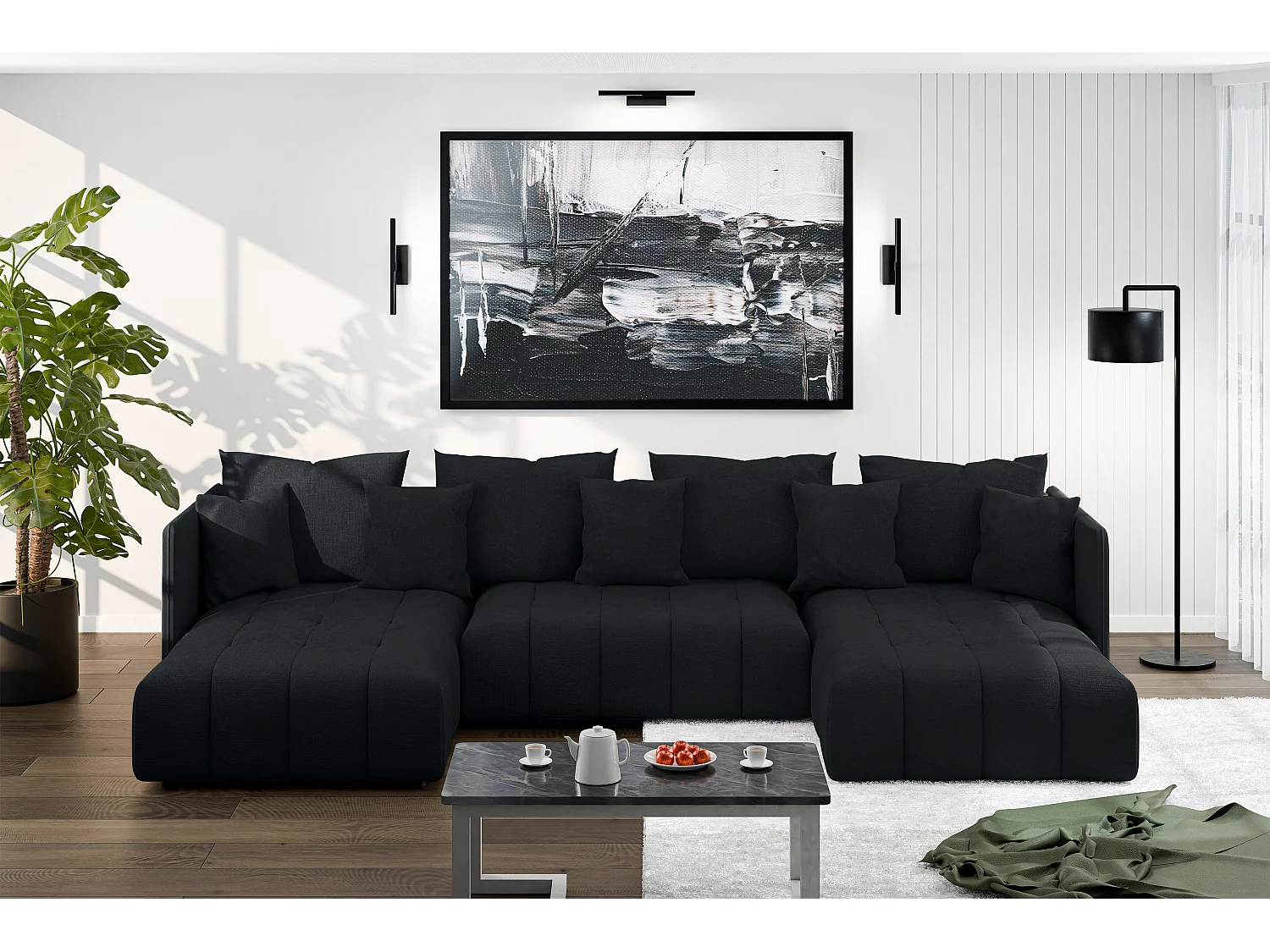 AX LIVING Schwarz Sofa U Form mit Schlaffunktion Veliro U 353 cm breit