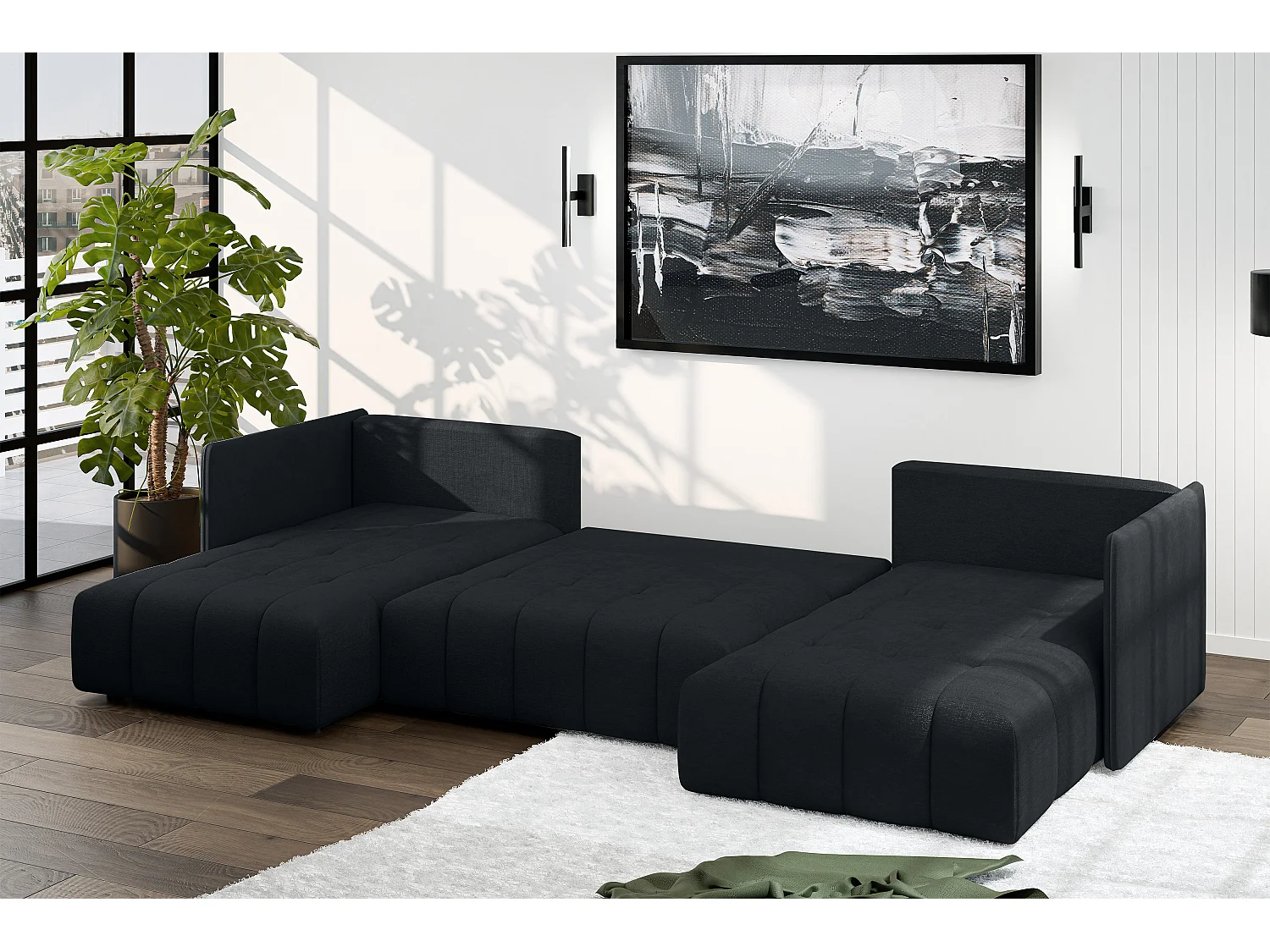 AX LIVING Schwarz Sofa U Form mit Schlaffunktion Veliro U 353 cm breit