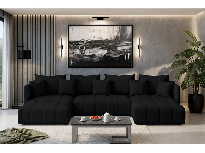 AX LIVING Schwarz Sofa U Form mit Schlaffunktion Veliro U 353 cm breit