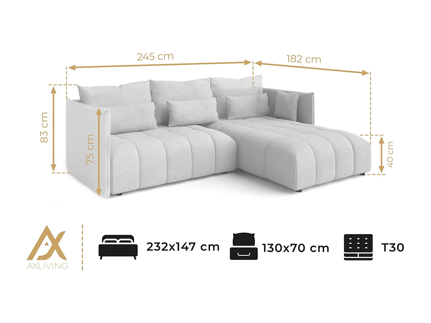 AX LIVING Canapé d'angle gris clair avec fonction couchage Cosmova