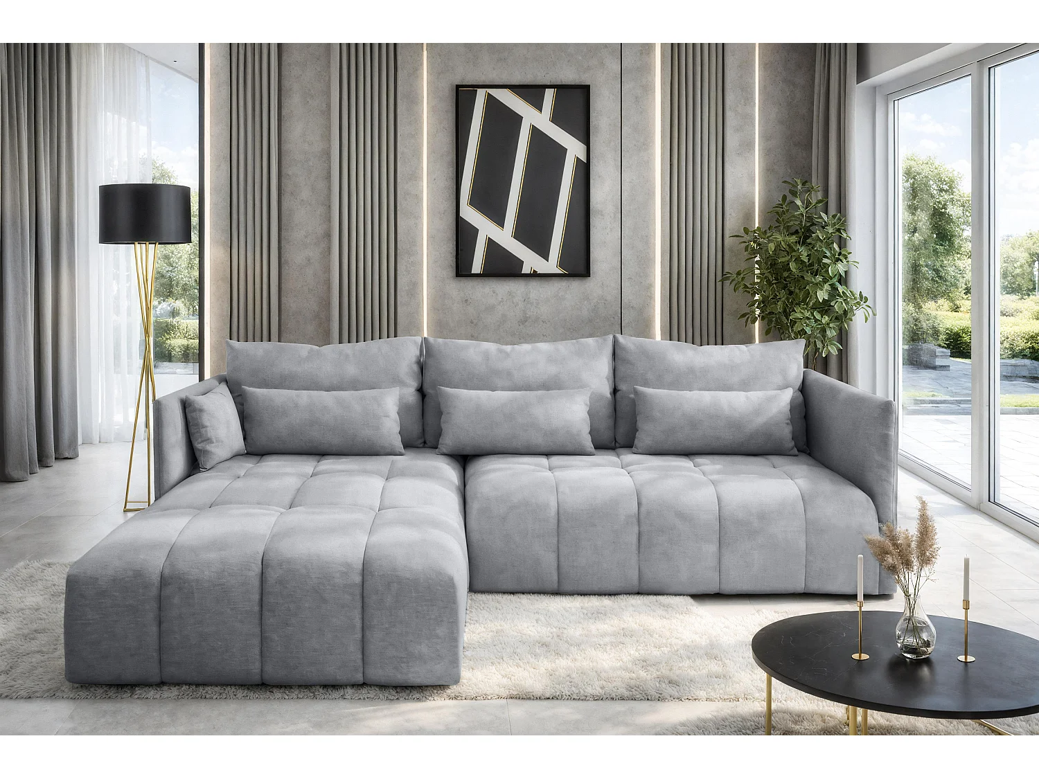 AX LIVING Canapé d'angle gris avec fonction couchage Cosmova