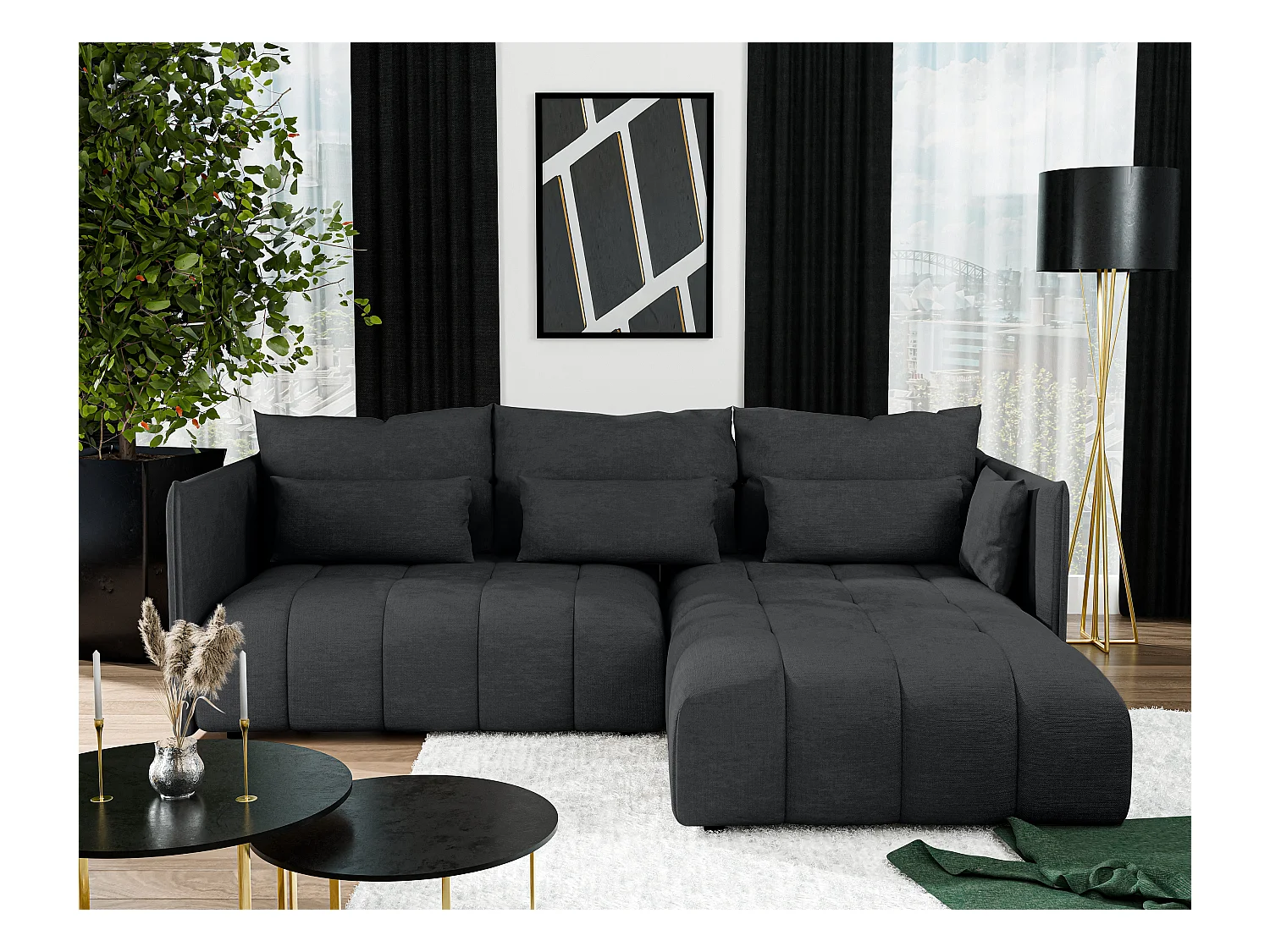 AX LIVING Eckcouch Grau Ecksofa mit Schlaffunktion Bettkasten Cosmova