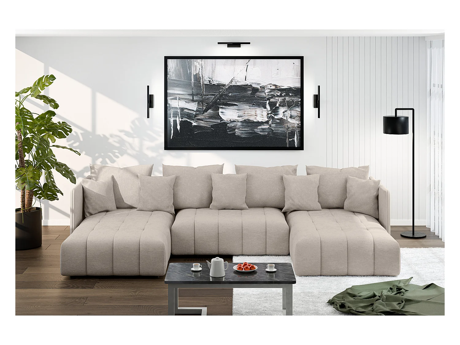 AX LIVING Hellbraun Sofa U Form mit Schlaffunktion Veliro U, 353 cm