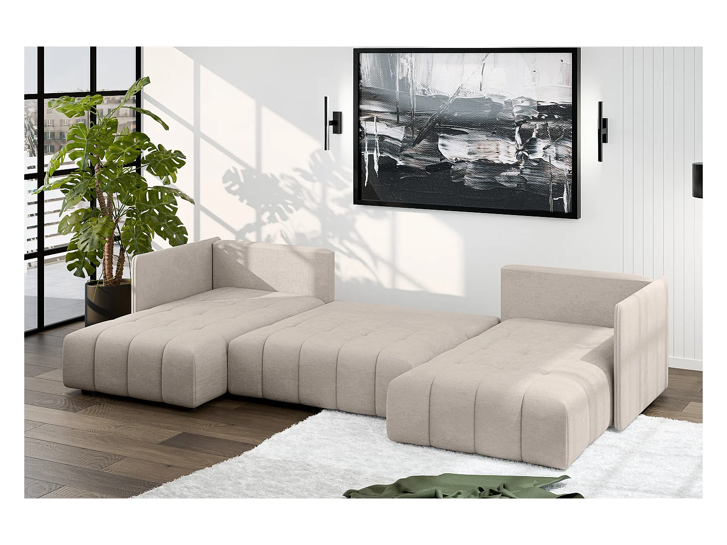 AX LIVING Hellbraun Sofa U Form mit Schlaffunktion Veliro U, 353 cm
