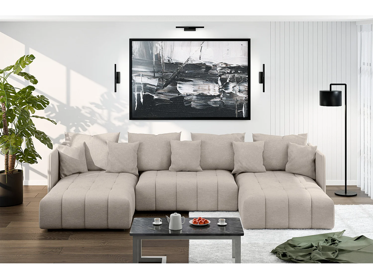 AX LIVING Hellbraun Sofa U Form mit Schlaffunktion Veliro U, 353 cm