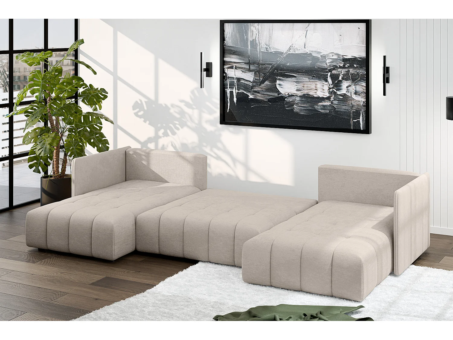 AX LIVING Hellbraun Sofa U Form mit Schlaffunktion Veliro U, 353 cm