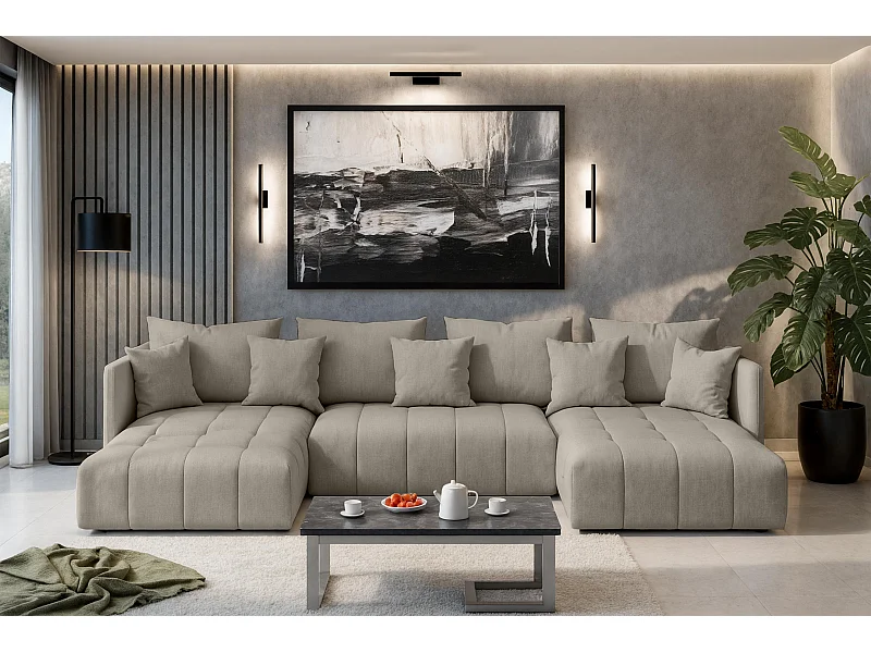 AX LIVING Hellbraun Sofa U Form mit Schlaffunktion Veliro U, 353 cm