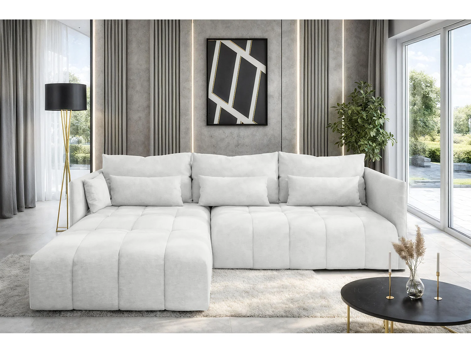 AX LIVING Weiß Ecksofa mit Schlaffunktion und Bettkasten Cosmova 245cm