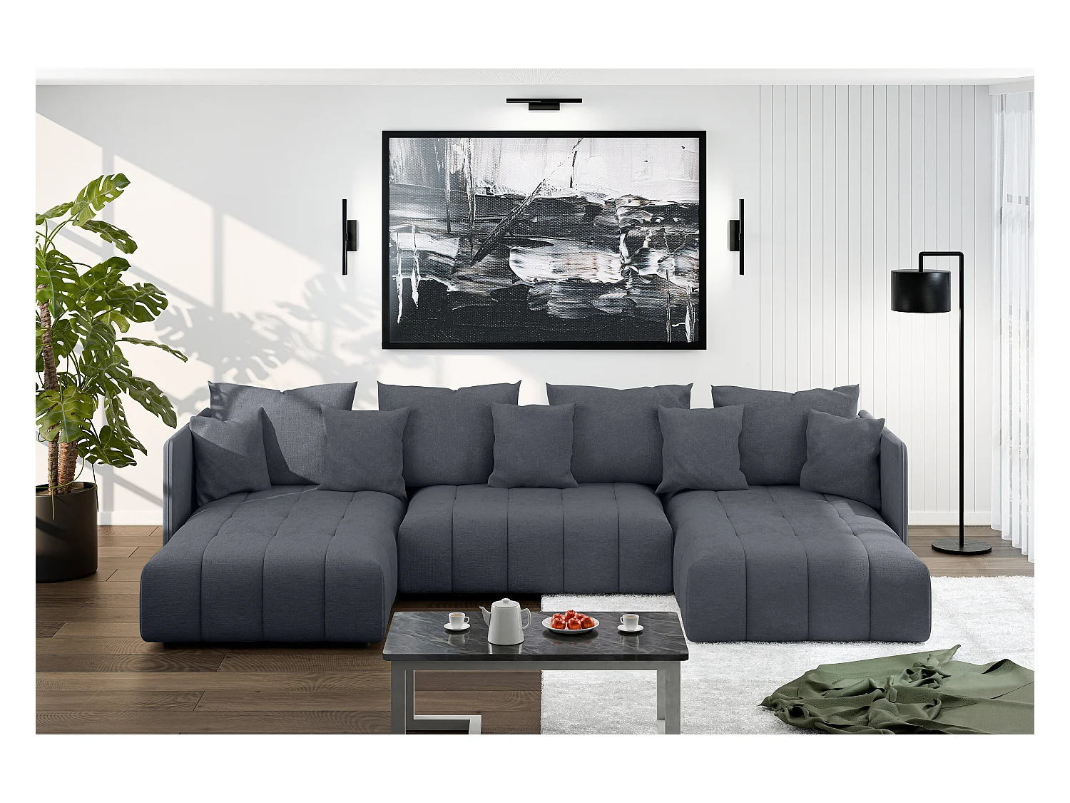 AX LIVING Ecksofa grau Veliro Sofa U Form mit Schlaffunktion, 353 cm