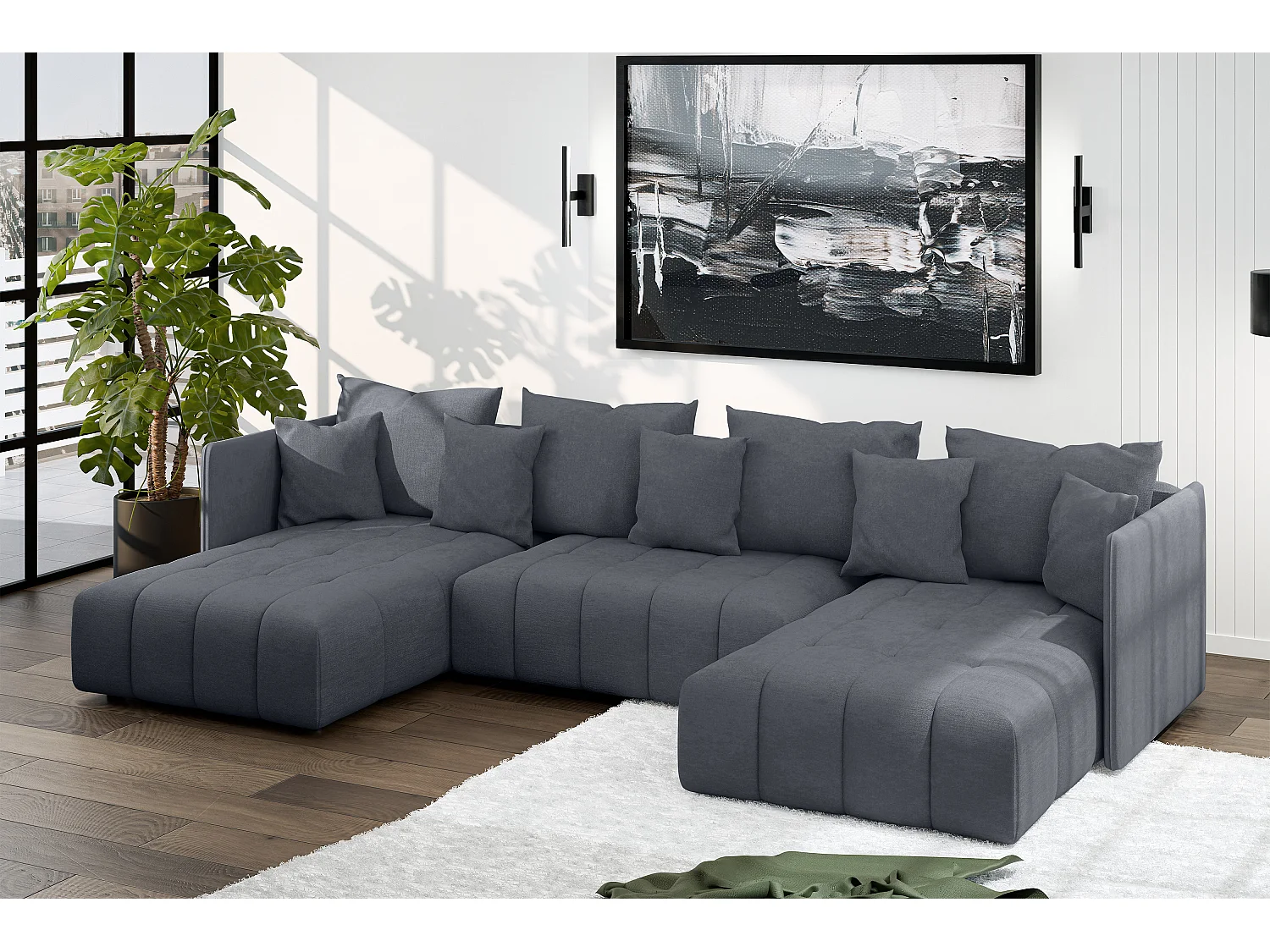 AX LIVING Hoekbank U vorm Veliro 345 cm in Donkergrijs met Bedfunctie