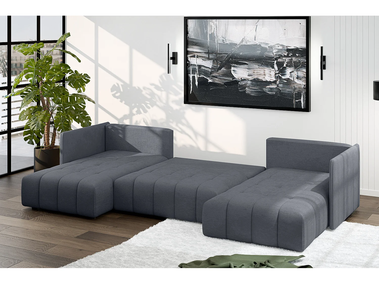 AX LIVING Hoekbank U vorm Veliro 345 cm in Donkergrijs met Bedfunctie