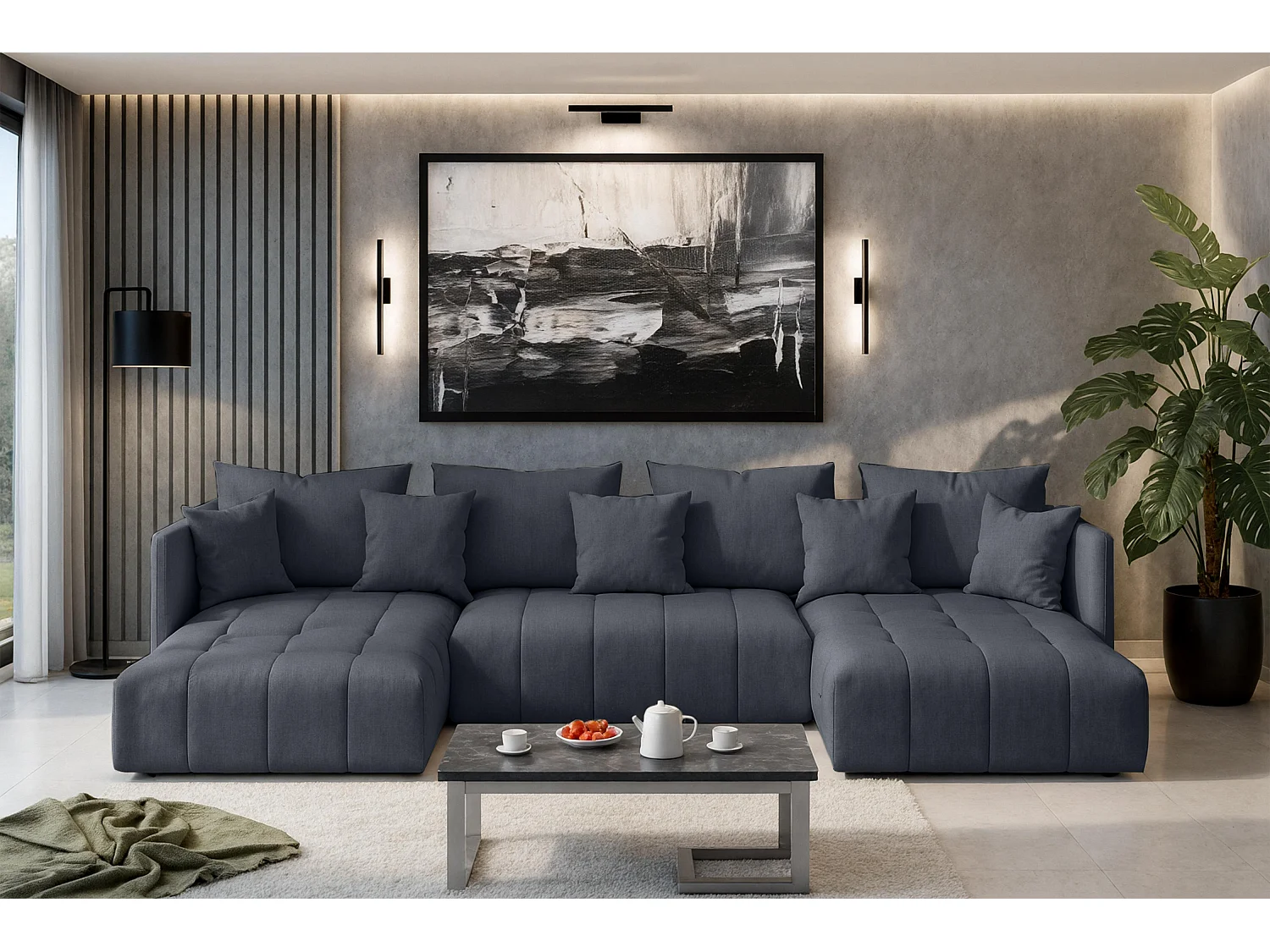 AX LIVING Canapé panoramique convertible Veliro canapé en u gris 353cm