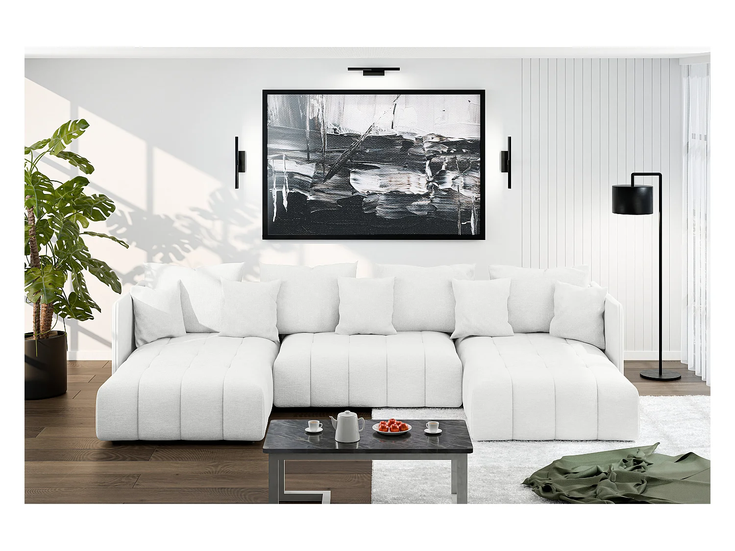 AX LIVING Sofa U Form mit Schlaffunktion Veliro U Weiß, 353 cm breit