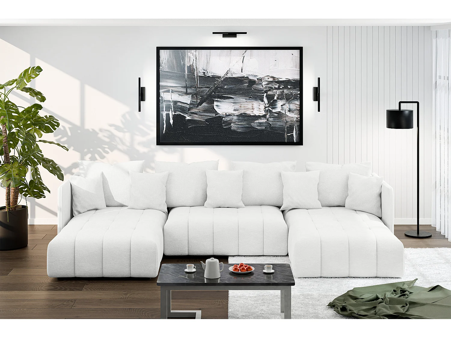 AX LIVING Sofa U Form mit Schlaffunktion Veliro U Weiß, 353 cm breit