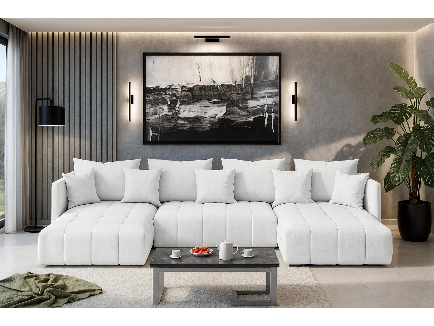 AX LIVING Canapé U avec fonction sommeil Veliro U blanc 345cm de large